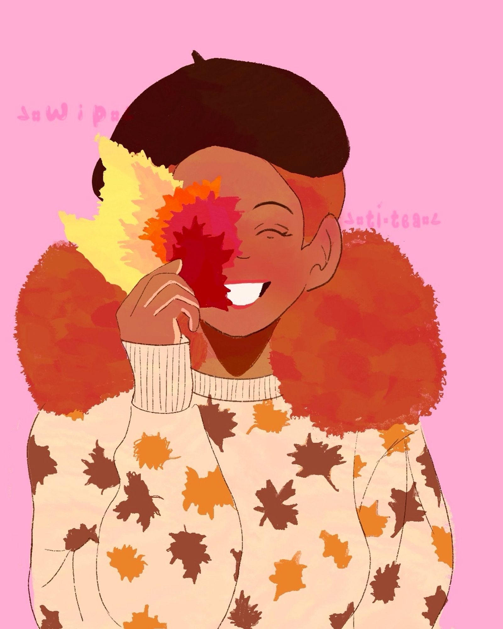 Izzy (oc character) is brown skinned with her orange hair tied into two puffs that hangs down as she holds four colored leaves to her face smiling. She’s wearing a beige pullover sweater with a brown and gold leaf pattern and a dark brown beret.