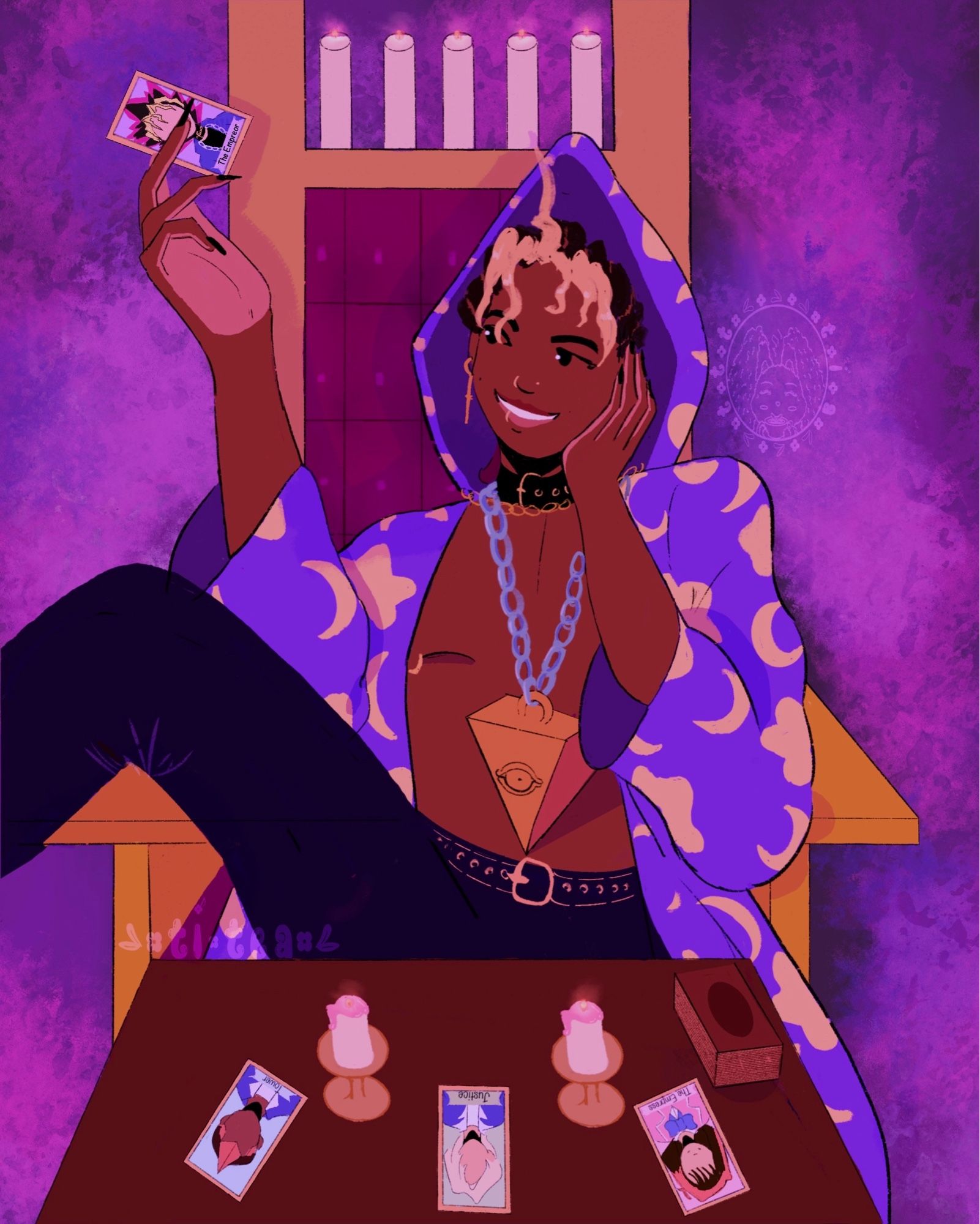 Atem (Yugioh) as a tarot card reader. propped leg on the chair leg while holding a Yugi card and the other three of his friends as cards on a table. Wearing a purple robe with a design of yellow crescents and stars with his chest exposed. Purple color palette aesthetic.