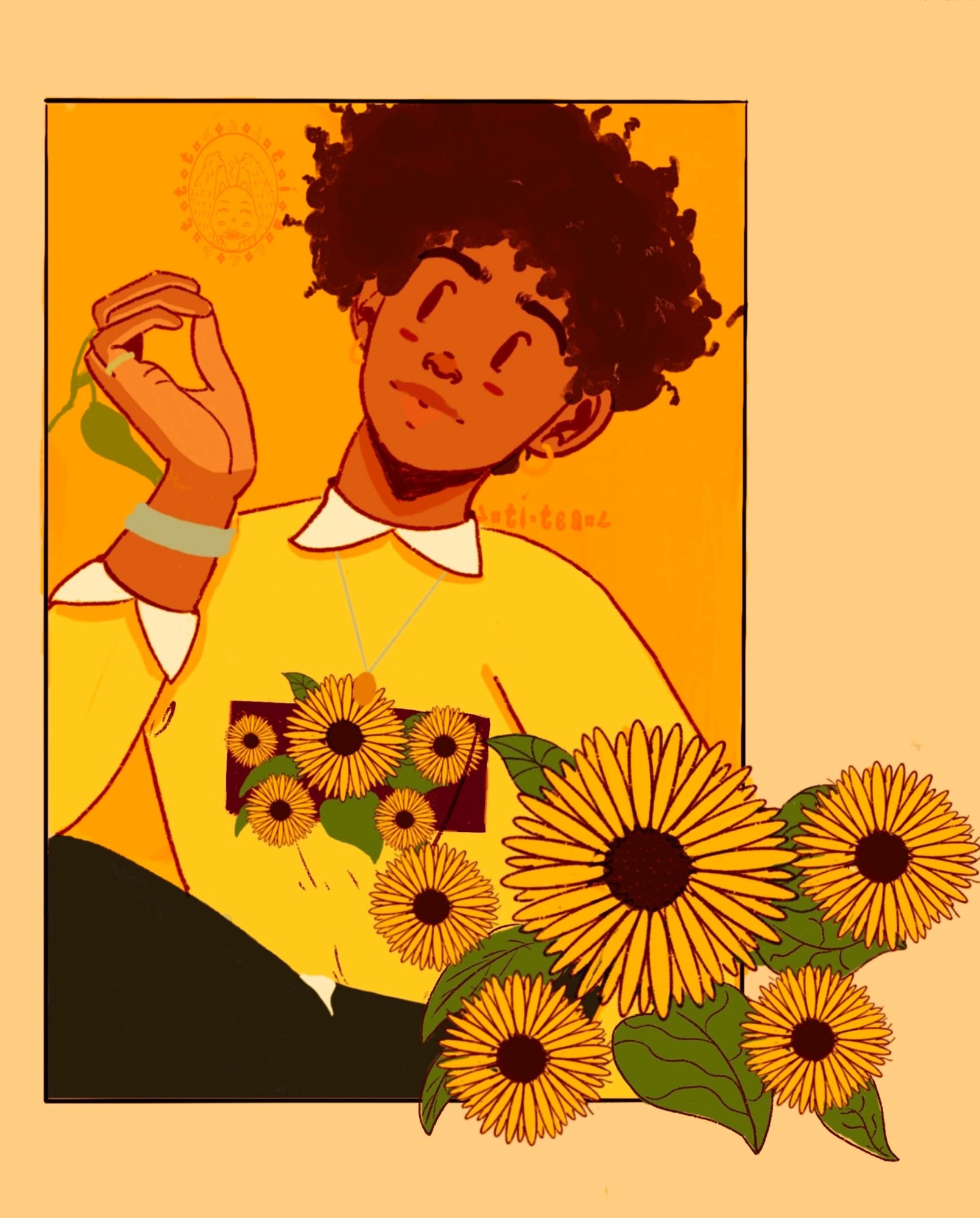 A brown skinned man with a brown kinky afro wearing a yellow sweater over a white collar top. Is holding a stem of a flower and has on a silver watch, necklace with a gold pendant, a ring and gold hoops. On the sweater is an image of sunflowers and its petals coming out of a brown rectangular. He’s encased in a yellow rectangular and to the right is the same image on his sweater enlarged in front of him.
