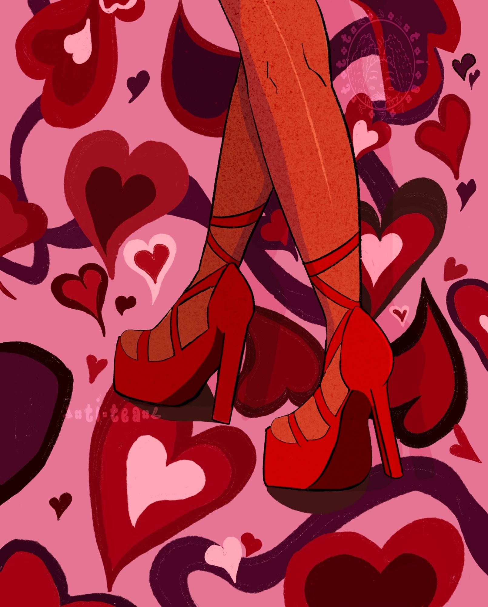 Brown skinned person's leg are shown wearing red open toe ballet strappy stilettos. Hearts as the background surround the legs and heels in variation of size, shape, width, and color scheme of red, black, purple, pink, and white.
