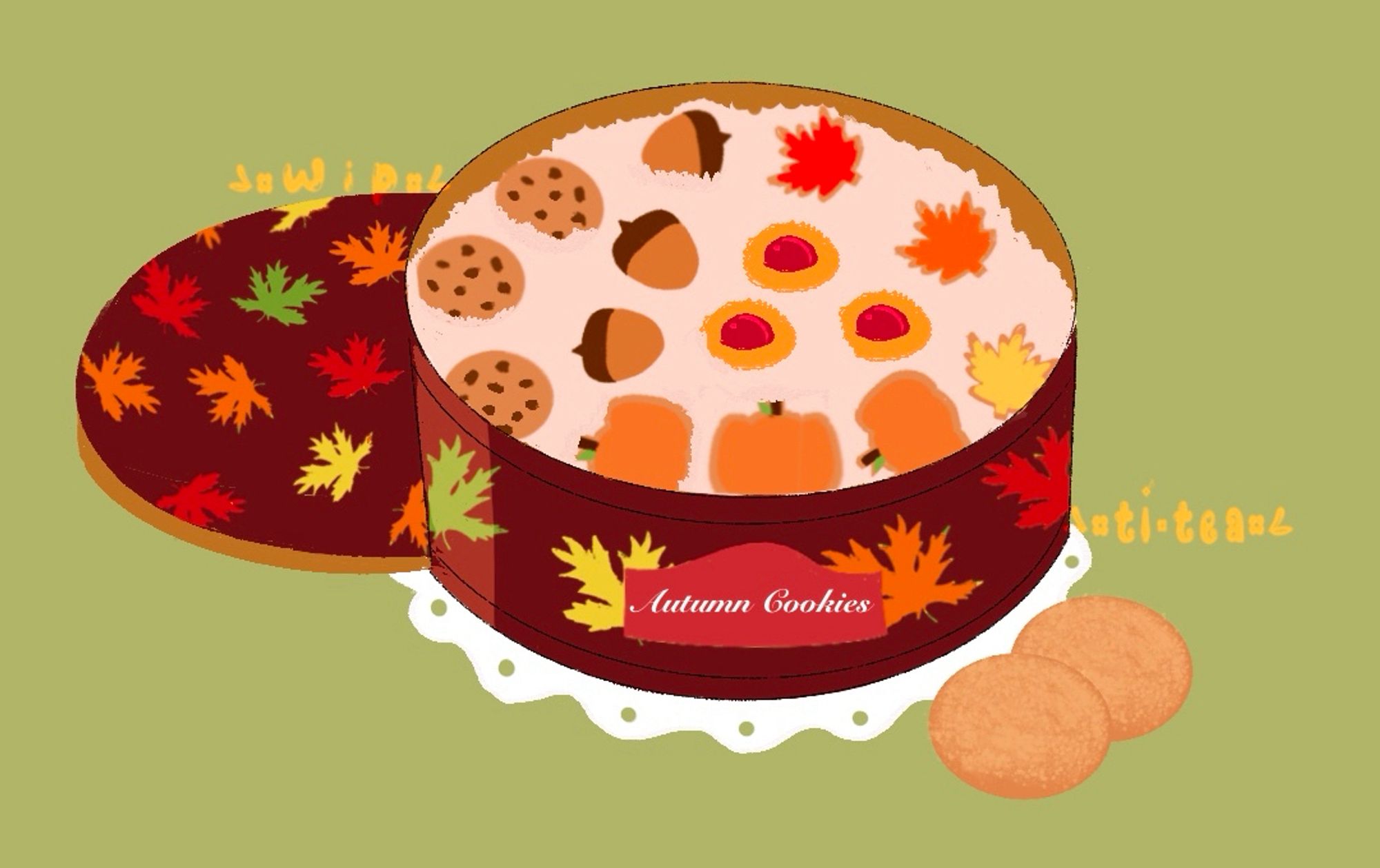 A brown cookie tin with colorful leaf pattern of variation of cookies (pumpkin, leaf, acorn shaped) chocolate chip and snickerdoodle.