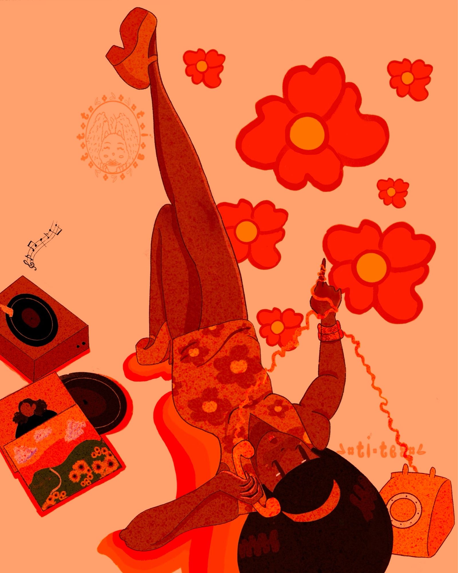 A 70s retro inspired piece of a girl talking on a phone wearing a brownish dress with floral and chunky heels and a headband. Record player to the left with two orange albums. Orange flowers in the background to the right. Orange/brown color palette aesthetic.