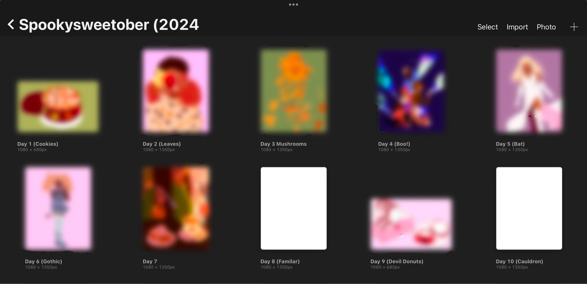 A screenshot from procreate that shows two rows of art that are blurred labeled for the first week of prompt for spookysweetober