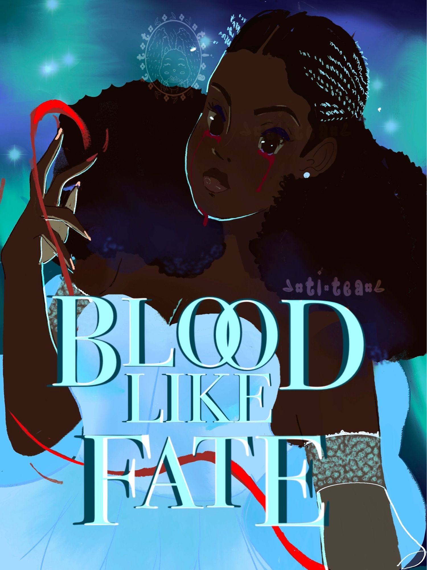 A mock cover of the fin book in the duology blood like magic (blood like fate) buy liselle sambery. The cover is a drawing of the original cover. The main character Voya Thomas is wearing a white flowing dress and a sparkly hairpiece on opposite ends of her ear. She’s dark skin and her dark brown kinky hair is tied into two big puffs that drag down her head. She’s crying blood and her right arm is raised controlling another strip of blood.