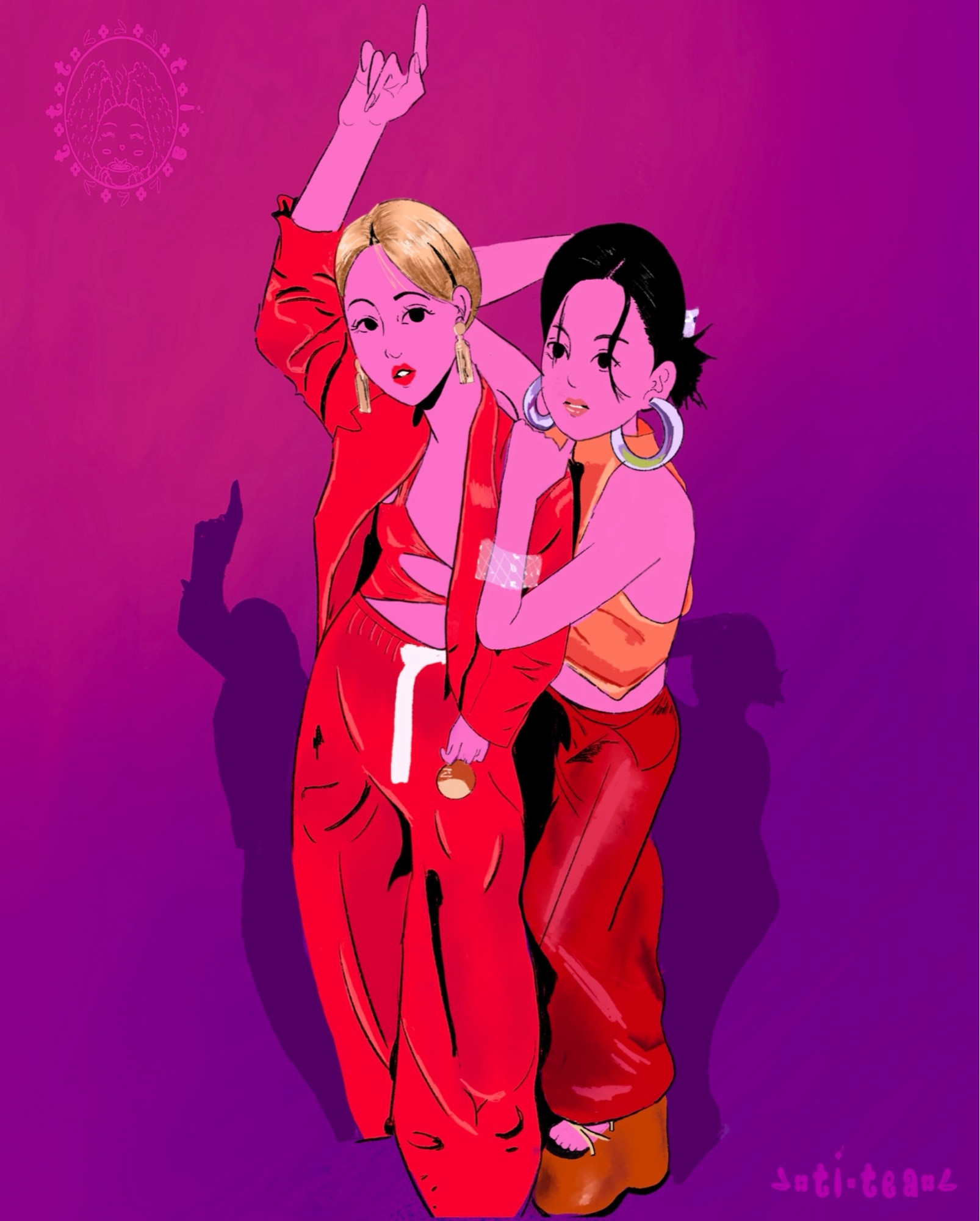 Nayeon and Mina (Twice) posed behind a fuchsia background. Nayeon is in an all red slacks blazer and bralette with a white strapped belt and golden dangling earrings. She had blond hair tied in a bun and her right arm extended up but elbow was bent with her index finger pointing up. She is standing in a curved position. Mina's left arm is on Nayeon’s left shoulder and she’s laying her right arm on Nayeon’s back. Mina is wearing a turtleneck sleeves top blended in orange and red, a velvet skirt past her ankles and brown chunky wooden sandals with three studded straps. Hair is black tied into a bun. On her right arm is a silver cube crystal bracelet and hooped earrings.