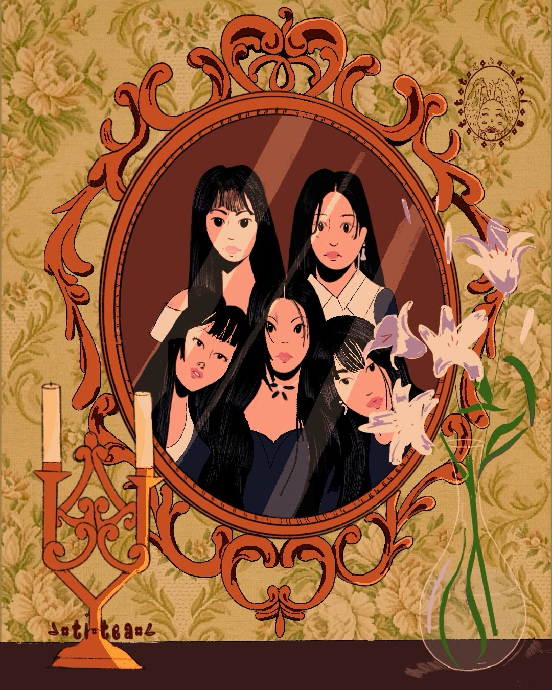 Red Velvet Chill Kill Inspo Art. Top Row from left to right: Irene, Wendy; Bottom Row from left to right: Selugi, Joy, Yeri. All five members are shown in a mirror with jet black hair, black dress (Irene has a white off the shoulder collar while Selugi and Wendy have on the shoulder collars and blanked stares. The mirror is a bronze with intricate swirls as designs. To the right is a clear vase that holds white lilies  and to the left is a candle stand in the design of the mirror. The wallpaper is a green floral design. 
