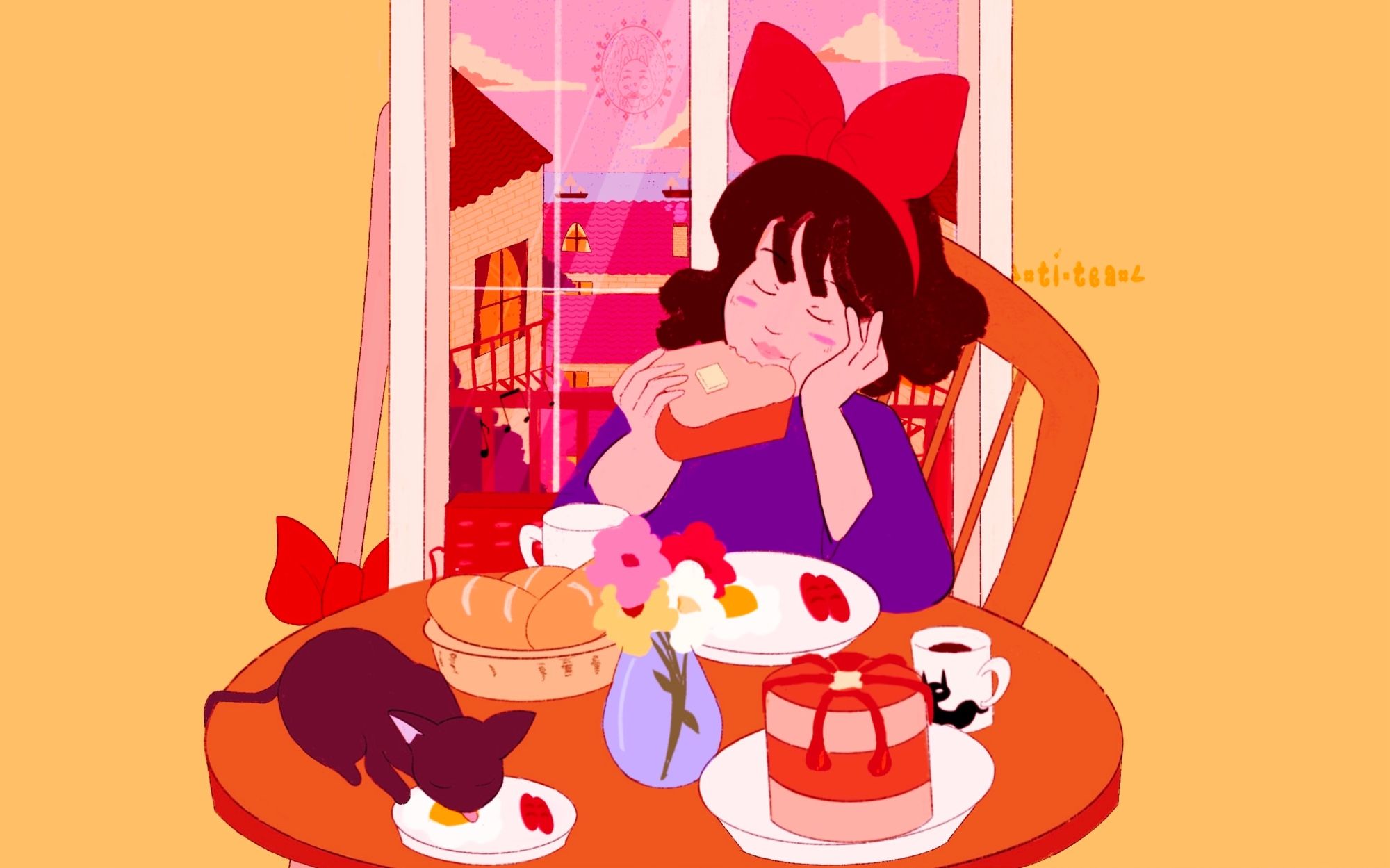 A Screencap of a scene from the Kiki’s Delivery Service movie, Kiki is eating breakfast with her familiar cat Jiji. She has a brown wavy bob with bangs and is wearing a red bow on her head and a purple dress. Her eyes are closed and is chewing a big toast with butter on top as her left elbow is resting on the table. She’s sitting in a chestnut wooden chair that matches the round table. On the table is a plate of sausage and two sunny side up eggs, two mugs with one of a black k cat design on it filled with coffee, a basket with three loaf of French bread, a blue vase that is holding red, pink, yellow, and white flowers and a stack of pancakes on a white plate. Jiji is on the table kicking his desperate plate of egg and sausage. Behind Kiki is a window and to the left is her broom with a red bow on it. Through the mirror is a pink sky, yellow clouds, sky blue ocean, and three shops. To the left/right is a yellow building with a red roof, orange window, red curtains and a balcony.
