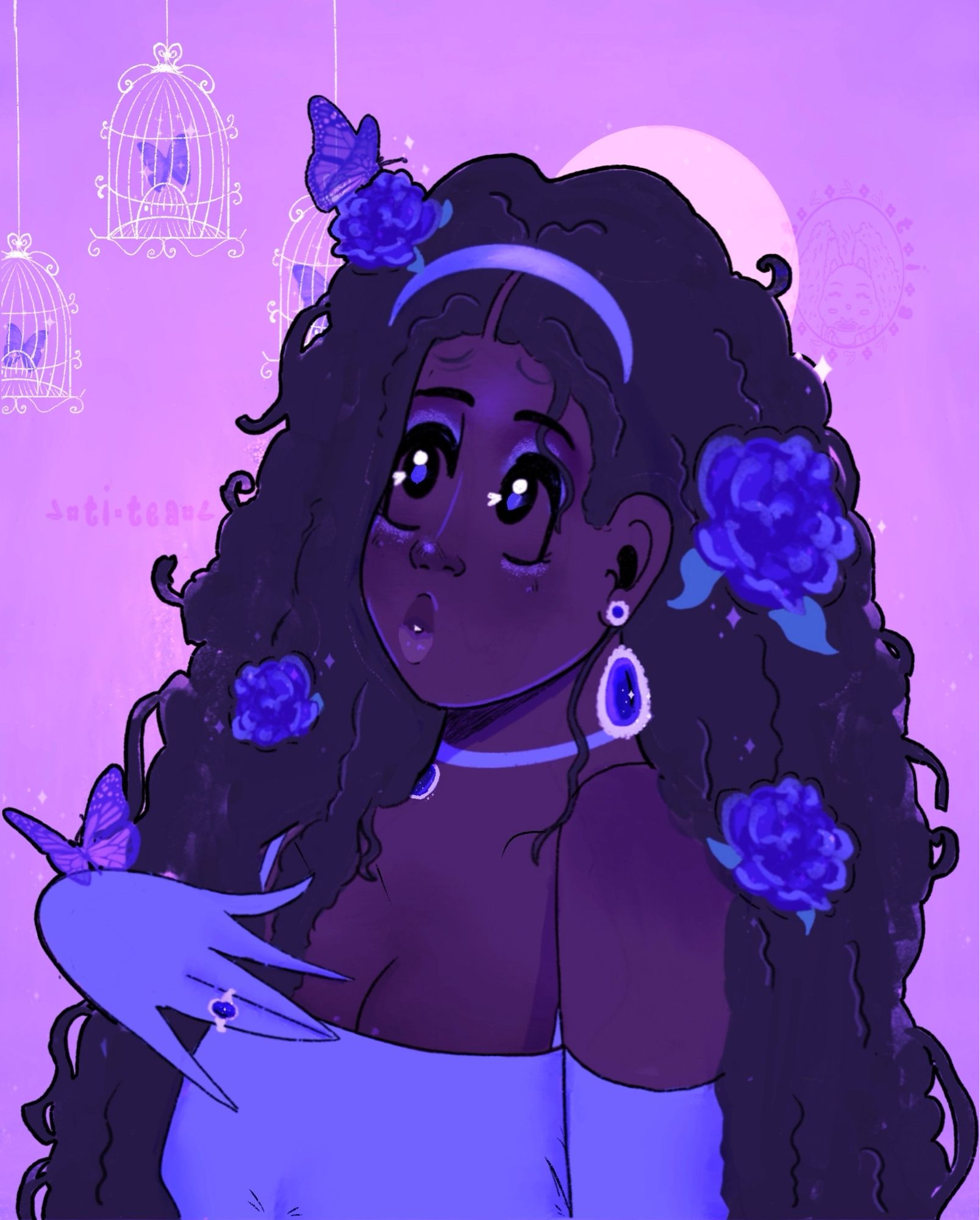 A dark skinned black girl looking up to a white cage with a butterfly inside. She’s wearing a blue strapped dress with gloves, headband, choker and jewels on the choker, earrings, and a ring. Hair is long and curly. Moon in the background and blue flowers are in her hair and blue butterflies lay on top of hand and on the flower. Blue/purple color palette aesthetic.