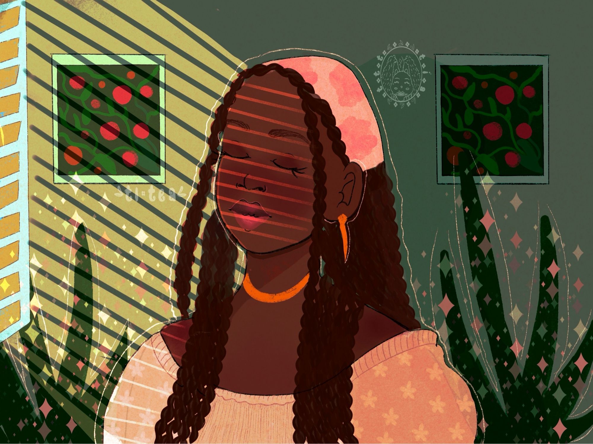 A dark skin woman is in front of a window, through the blinds cast light onto her face. She’s wearing a cream colored top that’s sheer on the puffed sleeve with white flower designs on it and ruffles in the front of the top. She has on gold earrings and a necklace. Her hair is dark brown braided into box braids wrapped in a cream colored  red watercolor rose patterned headband. Two large plant leaves are behind her as well as two paintings of oranges and leaves. The background is dark green.