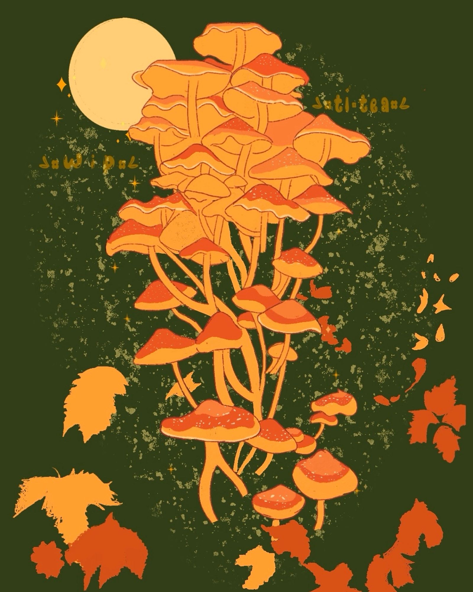 A group of yellow mushrooms joined together with leaves and the moon behind it.