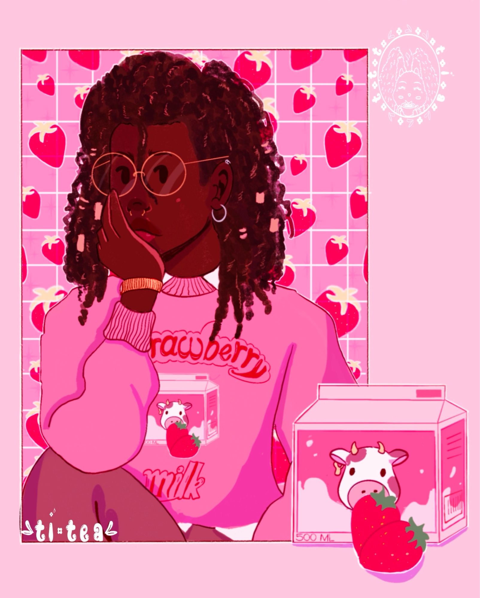 A strawberry theme with a dark skinned man wearing a pink white down over a pink sweater with the label of strawberry milk and a cartoon milk with cow and a strawberry on it. Has locs and wears jewelry over it. Gold rounded glasses and silver piercings in his ear. Miniature strawberries in the background with a white grid behind it. In the front is a bigger size of the strawberry milk that is on the man’s sweater.