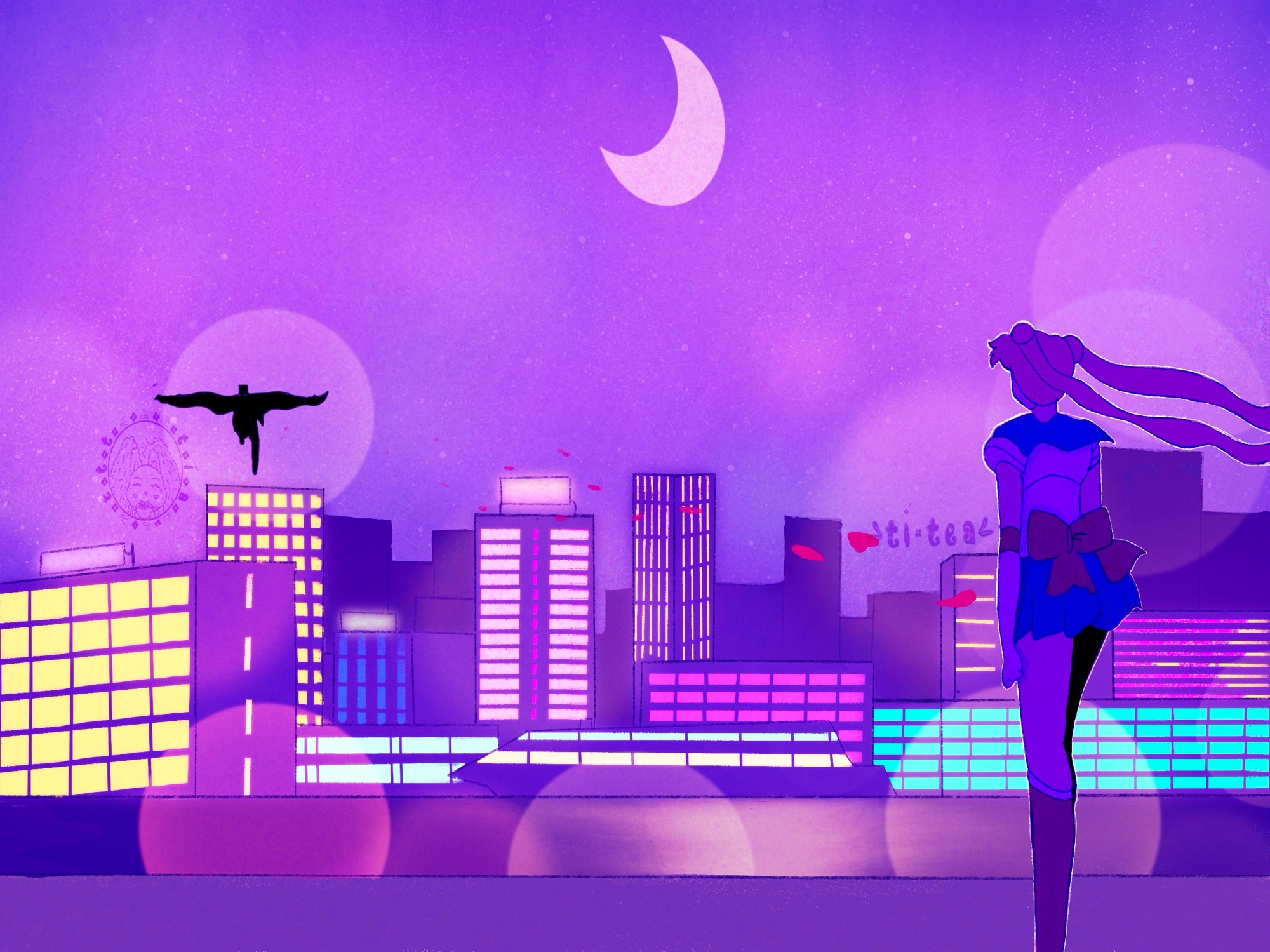 Sailor Moon is standing to the right back facing the piece and  her hair flowing up as she stares at tuxedo mask who’s at that the opposite end of the piece. She’s wearing over the knee boots, skirt, a sleeveless blouse with a long collar in the back and long gloves. Tuxedo Mask is flying in the distance in a silhouette. The only thing visible is his glowing cap, and his two legs. Between them is a cityscape in variations of shapes and colors for the windows, an ocean and a boat on top of it. The entire piece is casted in a purple shade. 