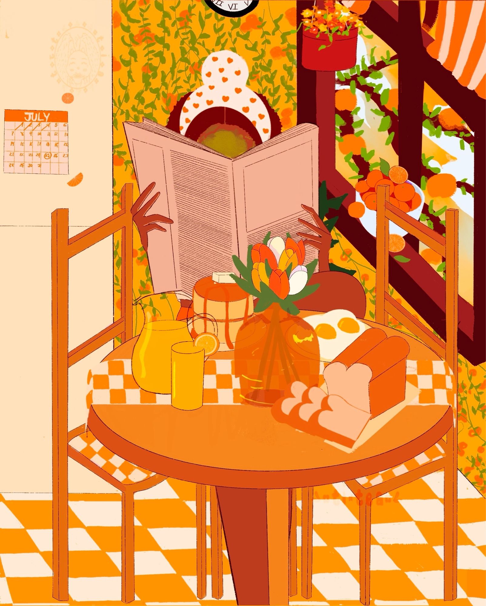 An orange theme kitchen with orange/white titles, a white fridge, a chestnut round table with three matching chairs. A brown skinned girl sitting with her leg up and her right leg down reading a newspaper with a green face mask and hair tied back.in an orange patterned headband. On the table is a stack of pancakes with butter and syrup. A pitcher and glass of orange juice with a slice of orange on top, a loaf of bread with three slices already cut, two sunny side up eggs and an amber bottle holding yellow orange and white tulip. The walls are patterned with oranges and green vines. On the brown window sill is a white bowl of oranges and outside is an orange tree.