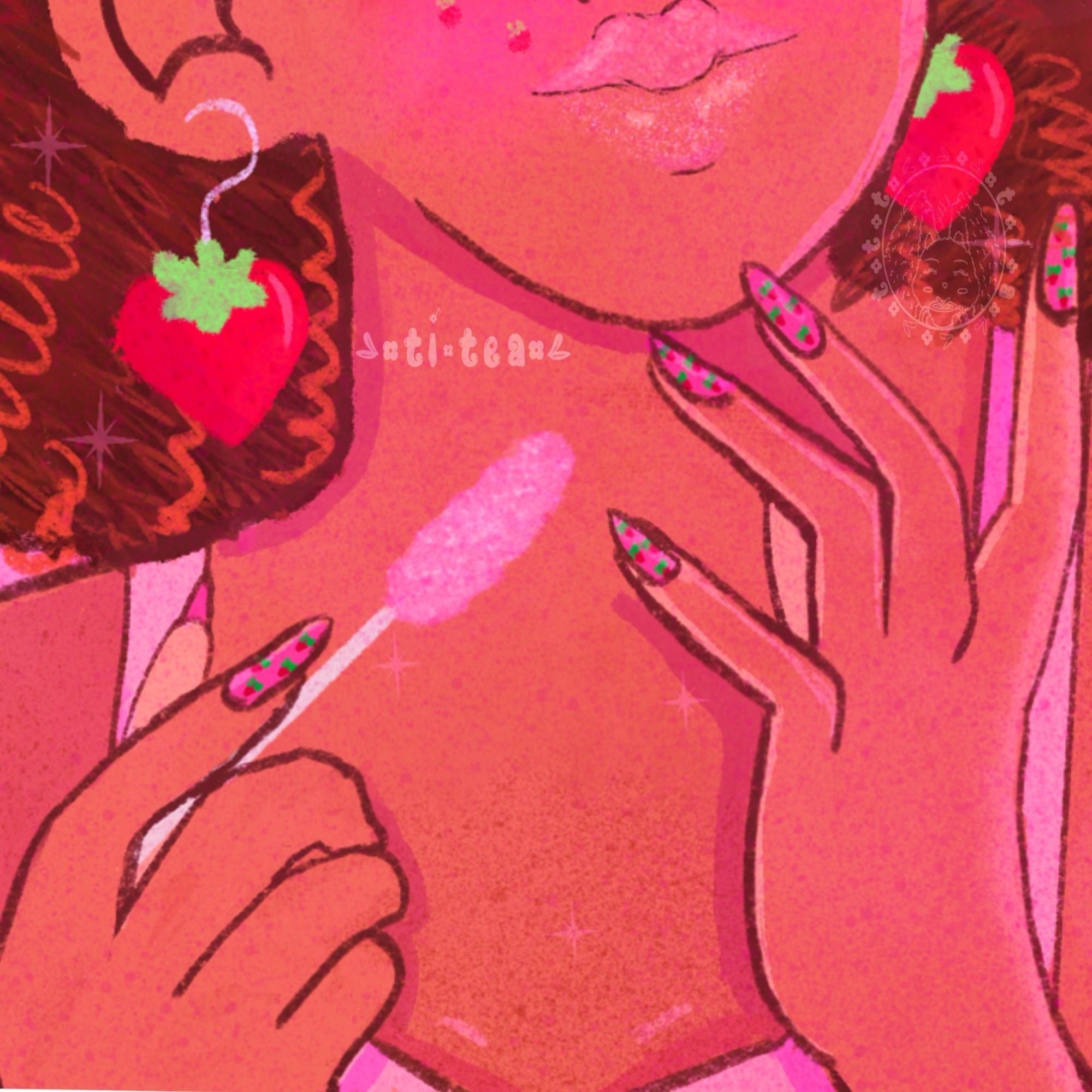 A brown skinned girl is shown from her lips to her upper chest.  She’s holding a glittery pink lip gloss in her right hand. Her loud is lathered with the gloss and her nails are pink and stamped with strawberries. Her top is a strapped pink.  She’s wearing strawberry earrings and has strawberry stickers on her cheeks.