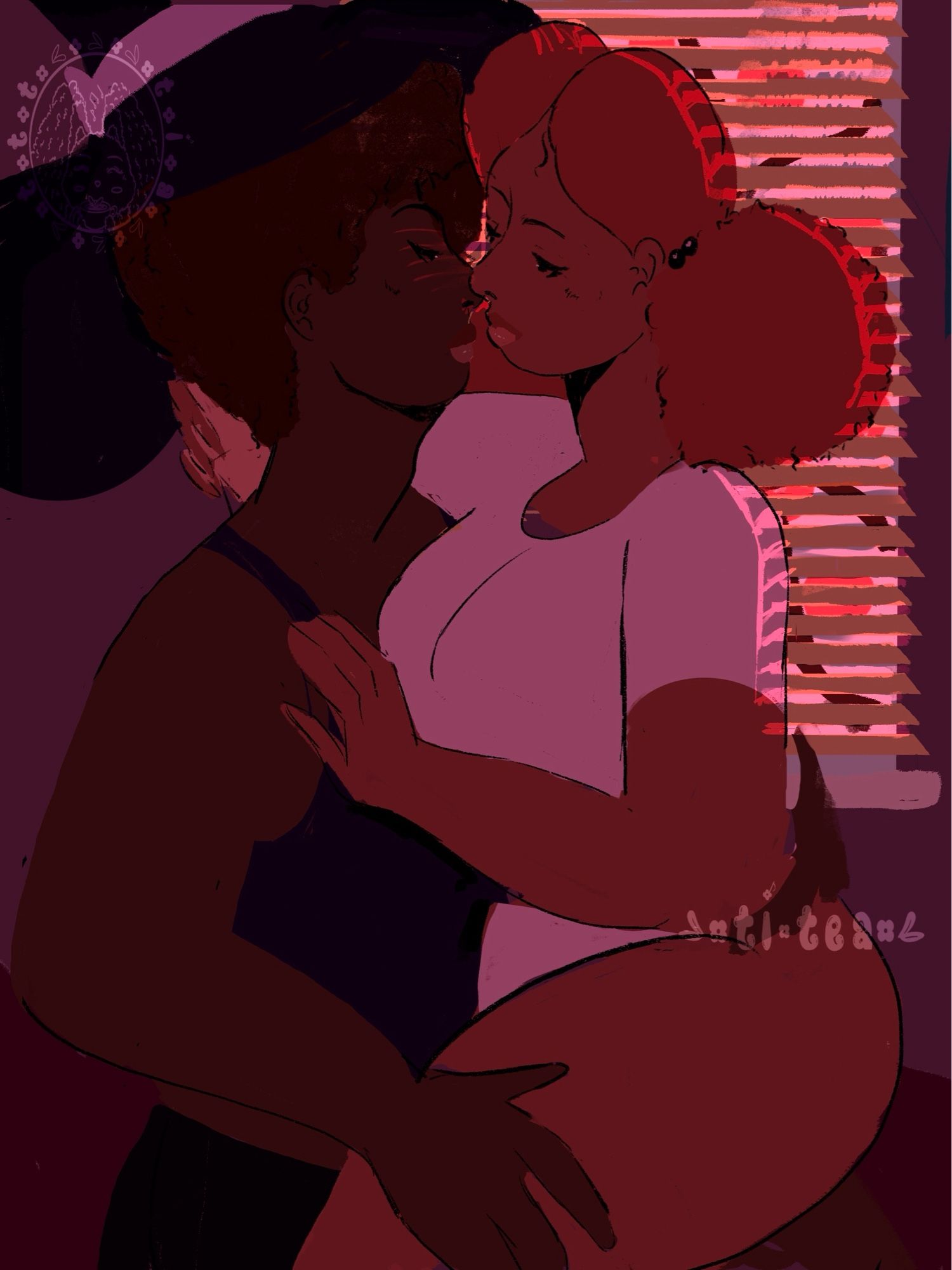 The two are in a bedroom holding each other as they’re inches away from a kiss. Shawn to the left is dark skin wearing a black tank top and bottoms and a witch hat over his thick coils. Izzy sitting on top of him is wearing a pale pink short sleeve and bottom and hair is two puffs that pas her shoulders. The piece is dark with the only lighting coming from the blinds from the window.