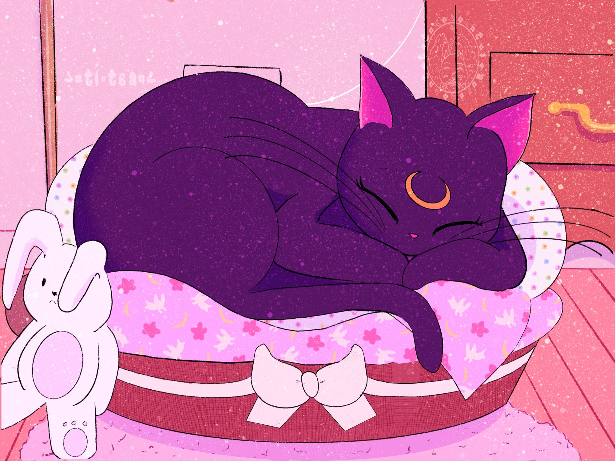 Luna (black cat from Sailor Moon) is curled I. A basket asleep inside is a pastel polka dotted pillow and a blanket of the pattern from the anime (yellow crescent white bunny pink star lilac background) and a white bow around the brown woven basket. A white stuffed rabbit is in front and the leg of a lamp is behind. A pink rug is underneath the basket and a brown dresser with a golden handle is also behind. Pink/purple tinted art.