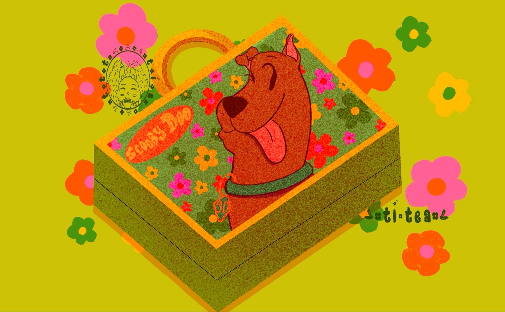 Scooby Doo Lunch Box. Scooby face on the cover winking with his tongue out wearing his teal collar sign SD for his tag. Green, yellow, pink, and orange four petal flowers inside the box and plaster on the green background.