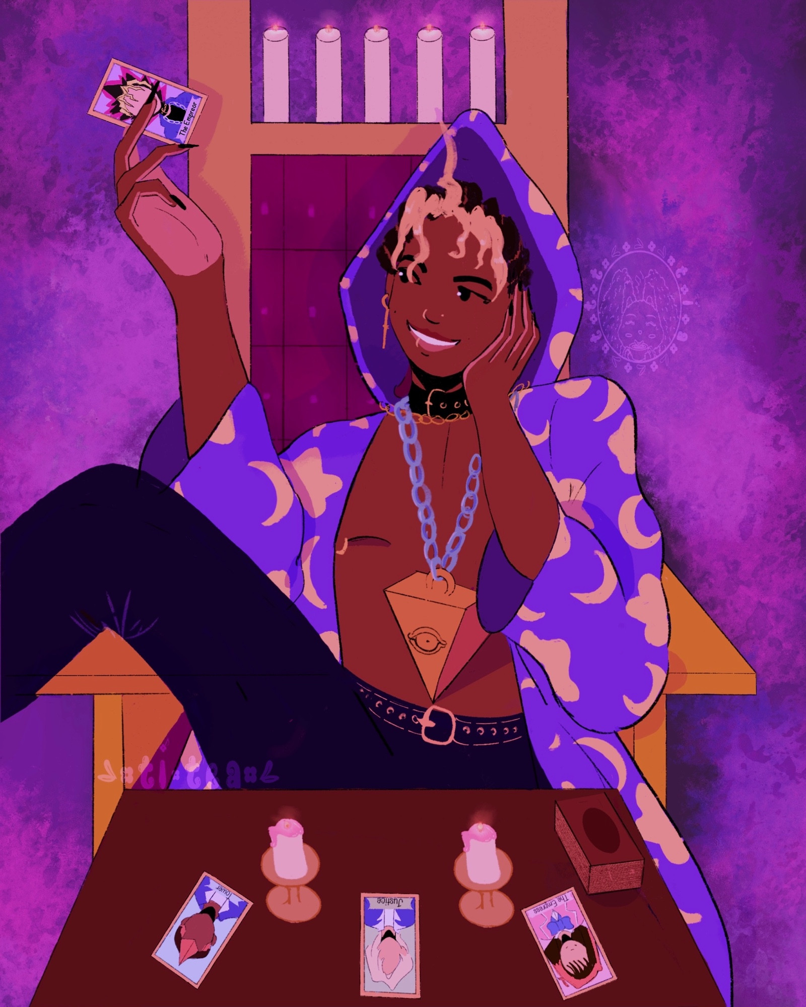 Atem (Yugioh) as a tarot card reader. propped leg on the chair leg while holding a Yugi card and the other three of his friends as cards on a table. Wearing a purple robe with a design of yellow crescents and stars with his chest exposed. Purple color palette aesthetic.
