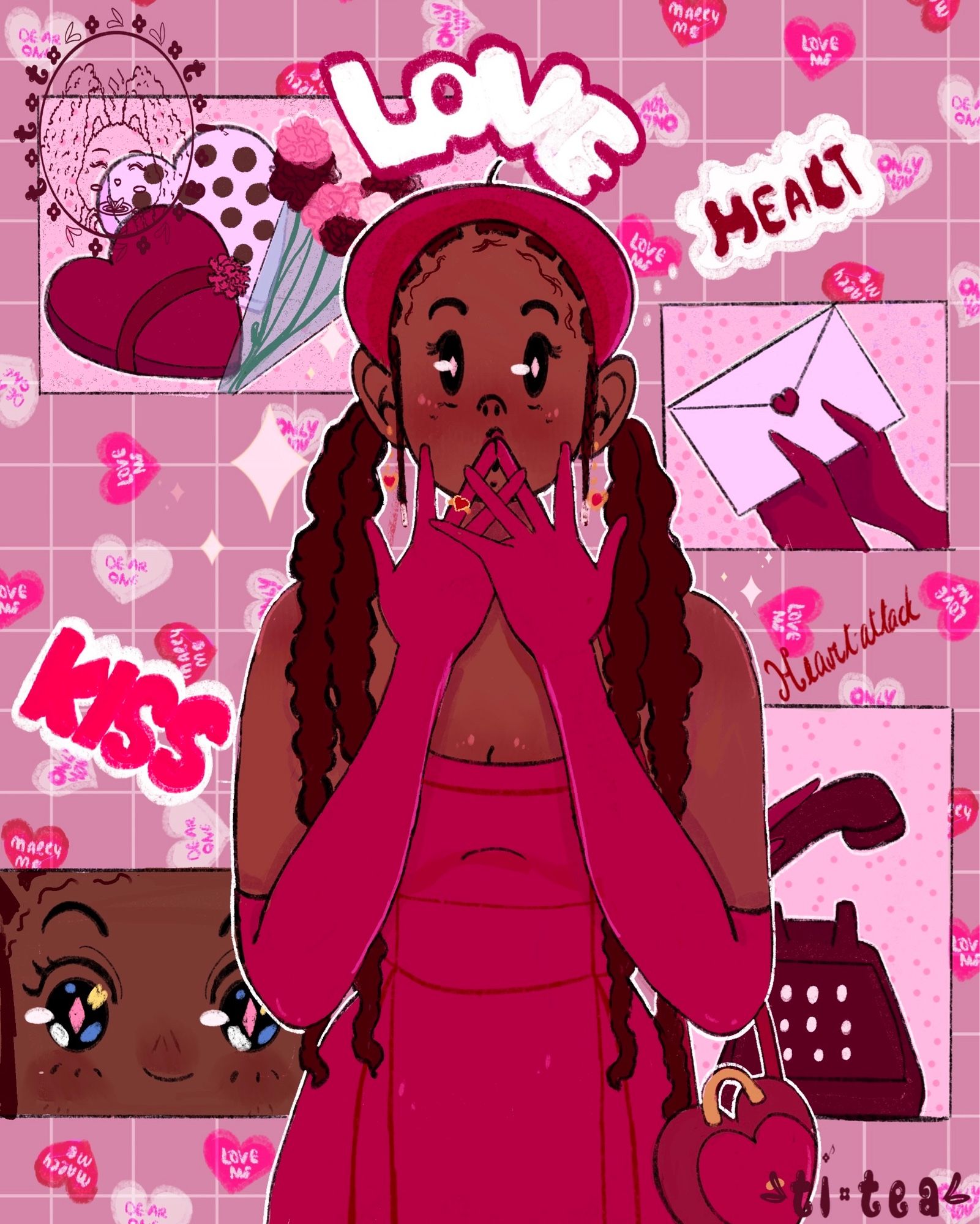 A brown skinned girl in long red gloves, strapped dress, beret, golden handle purse and golden heart heart shaped earrings. Her hands is covering her mouth and her eyes sparkles in surprise. In the background are four images in case in a rectangle/square of a heart shaped box of chocolate with a bouquet of flowers; a closer look into her eyes with added colors/sparkles; her holding a letter with a heart shaped as a seal; and her picking up a dial phone. Words like kiss; love; and heart are written as well and the mini heart shaped candies in the color of pink red and white with words like be mine written on in surrounds the piece. Red/pink color tint