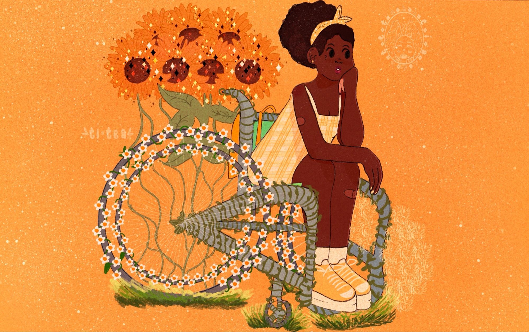 A dark skinned woman in a wheelchair. She’s wearing a yellow plaid dress and headband, yellow converse sneakers and white ankle sneakers. She has beige band-aids on her right arm and left leg. On her chair and wheel is covered in white daisies and green vines. The wheels are underneath green grass and behind the chair are sunflowers.