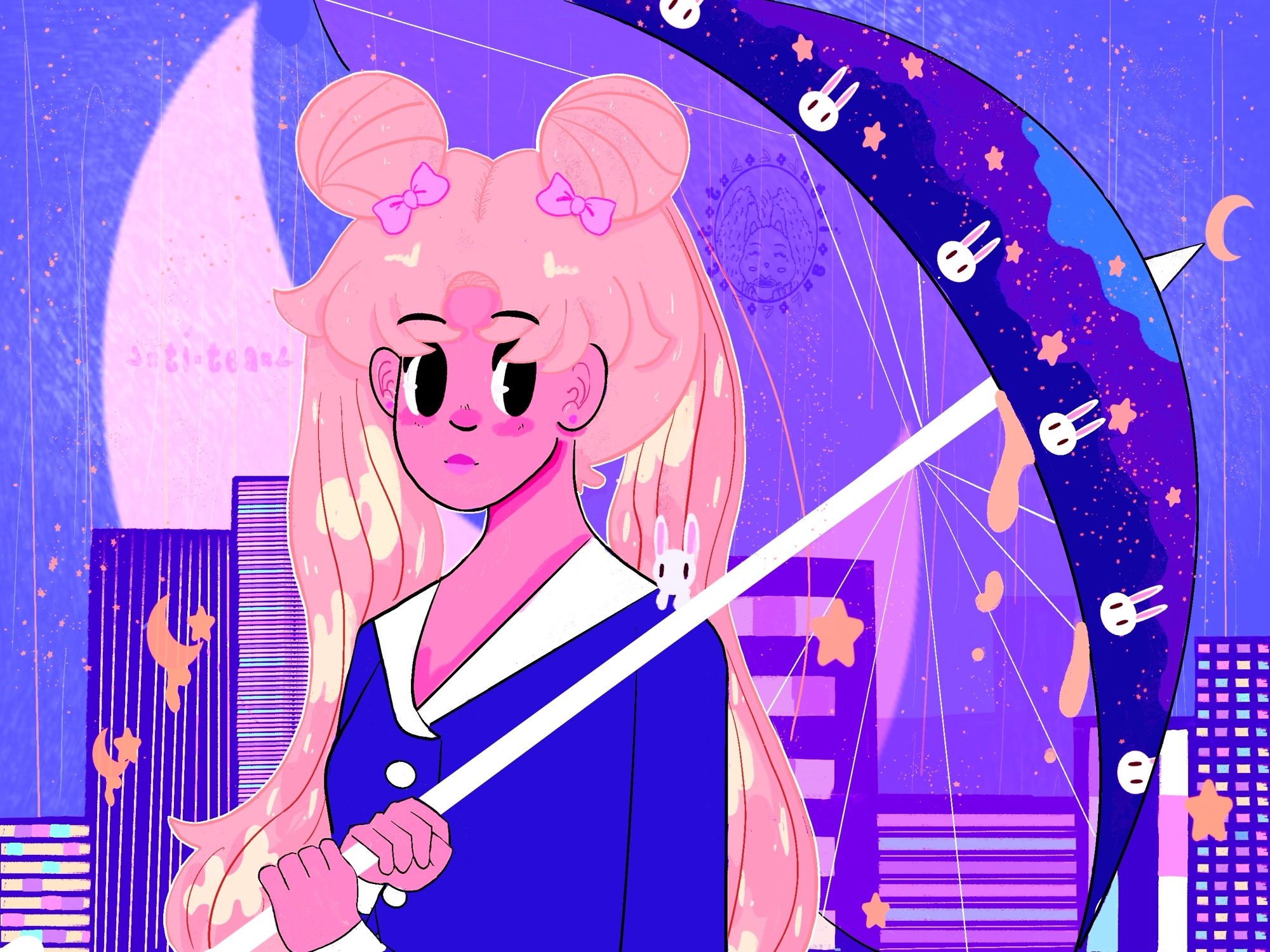 Usagi (Sailor Moon) is holding an umbrella designed with purple/blue clouds, and white pink-ears bunnies as it rains stars and crescent moon, a white handle, and a crescent moon on top of the stem. She’s wearing a blue top with white buttons, collar and cupped sleeves. Her hair is blond tied into two bun shaped pigtails held by two pink bow barrettes. A white bunny is sitting on her shoulder. She’s in front of a cityscape of purple buildings with the lights of pink, blue and yellow. The crescent moon is near white in front of a blue background. 
