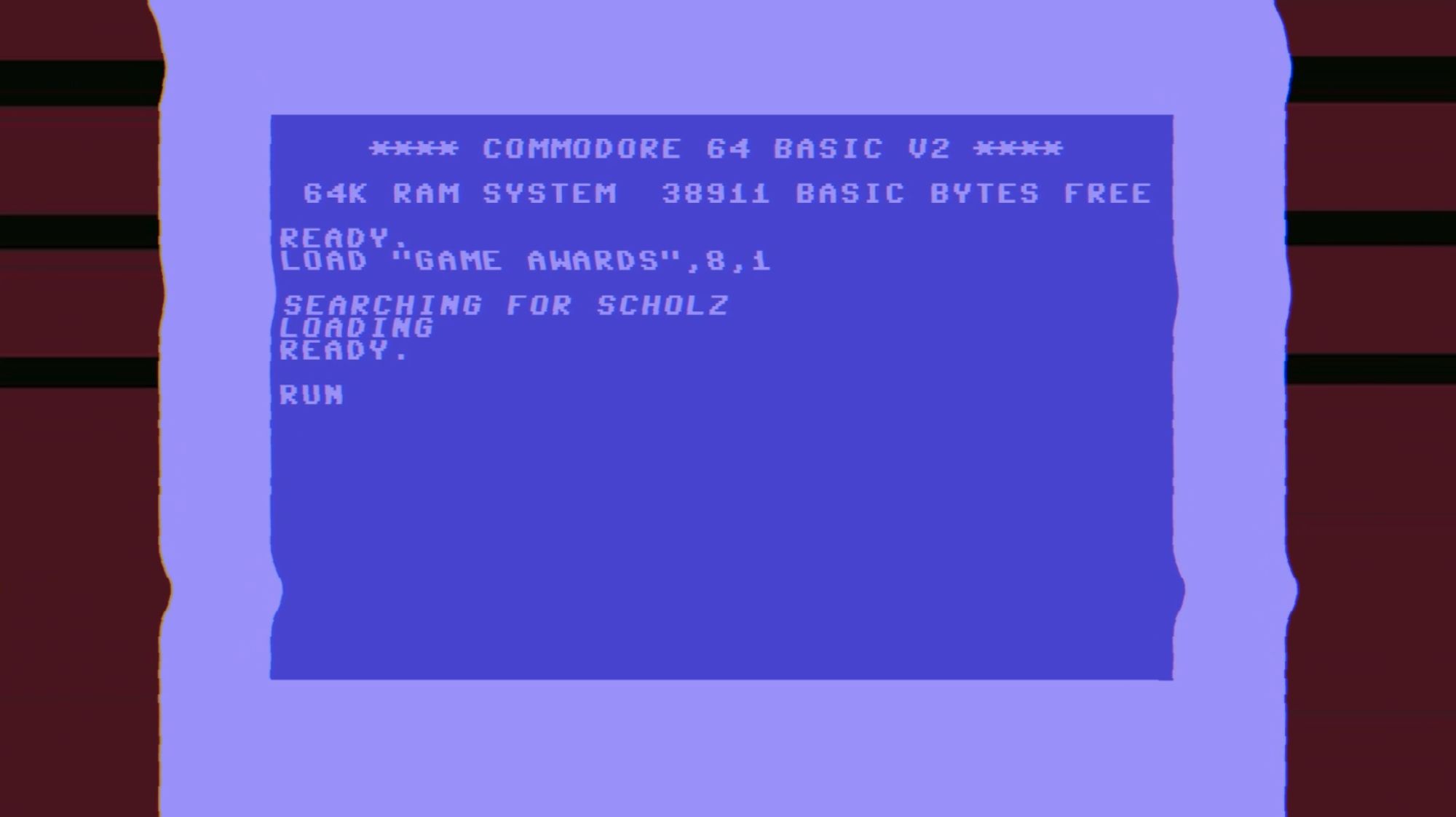 Der Einleitungsschirm vom Twitch-Livestream vom Content Creator "Gronkh", der einen C64-Ladebildschirm darstellen soll. Dieser zeigt die Befehle "SEARCHING FOR SCHOLZ", "LOADING" und "READY." an, was darstellen soll, dass das Programm "SCHOLZ" erfolgreich geladen wurde. Dies ist eine Anspielung auf den Ausruf "Wo Scholz?" aus dem Charity-Livestream "Friendly Fire 9" (2023).