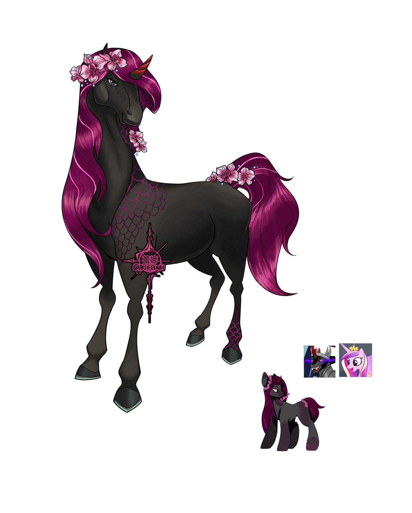 Umbral Orchid is a dark grey unicorn with magenta hair and bright pink streaks in her hair! She also has an orchid ring around her right ear and her tail! Both Princess Cadence and King Sombra are her design inspirations. I drew her in the horseland artstyle. She has floral netting patterns on her left shoulder and left back leg.