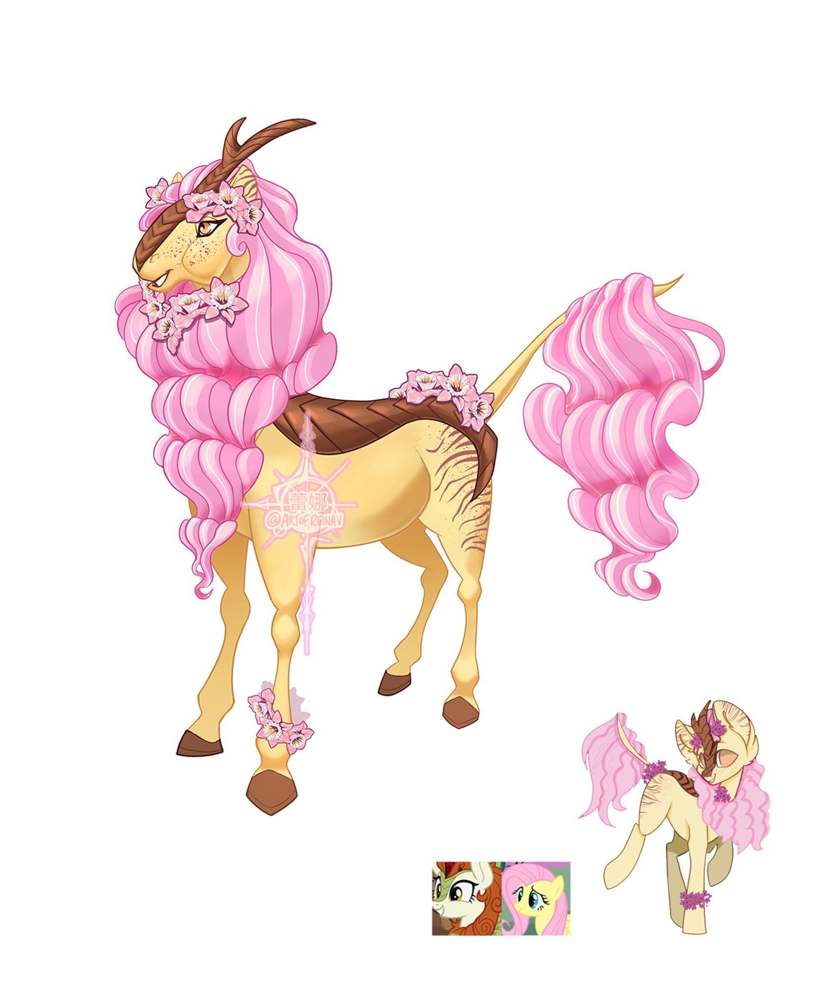 Art of Daffodil Blush, she is half kirin and half pony. Her design is based on autumn blaze and fluttershy from the my little pony show. She has a bushy pink mane, slightly longer ears, and a curved/branching horn. She also is adorned with daffodils!


#MLP #MyLittlePony