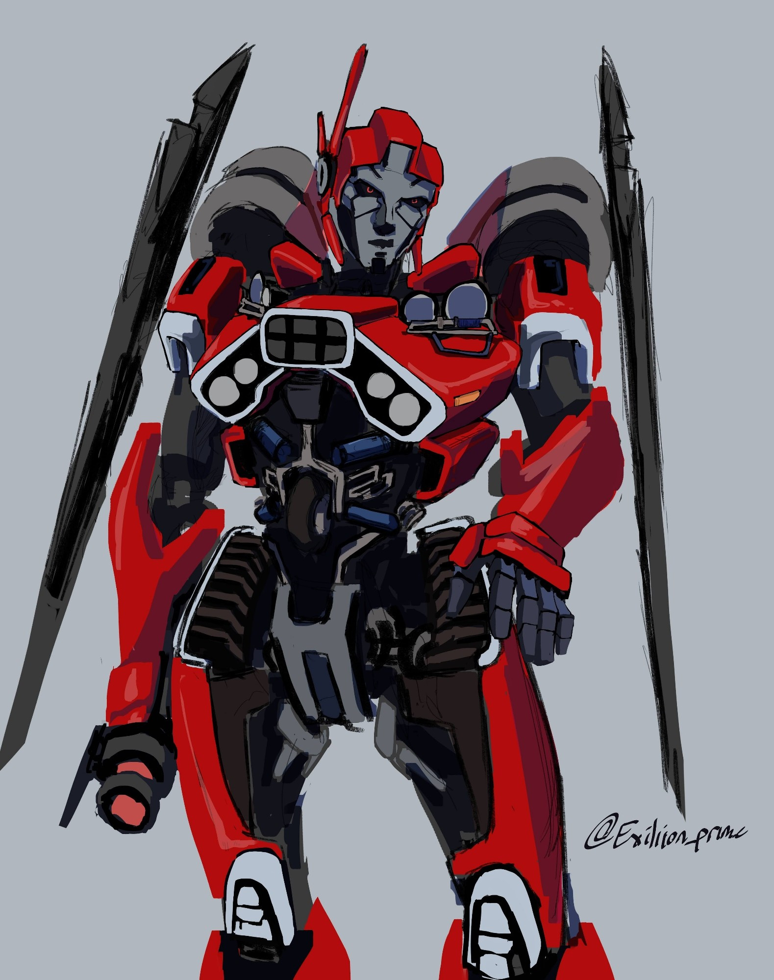 Shatter, a red humanoid robot from the transformers franchise facing the viewer, gesturing towards them with the left hand and right arm by their side configured as a cannon