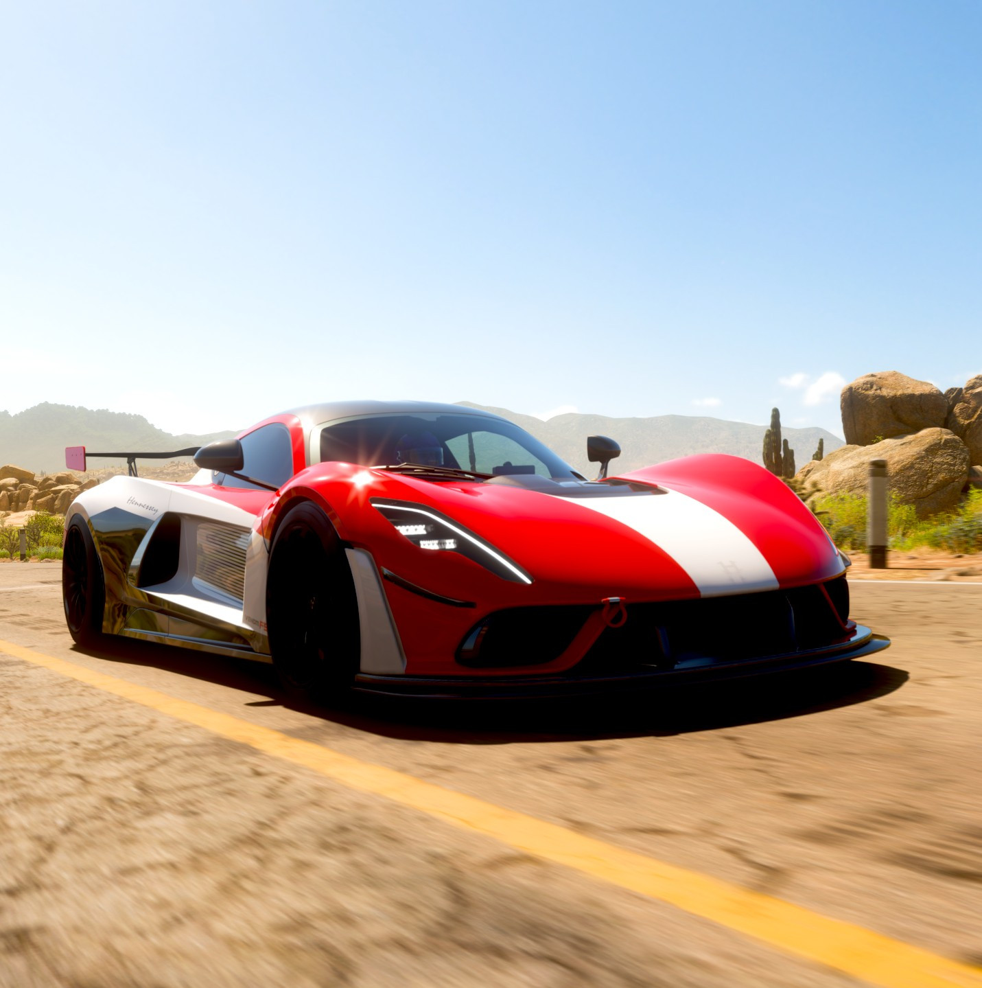 Hennessey Venom F5 in sunlight in desert