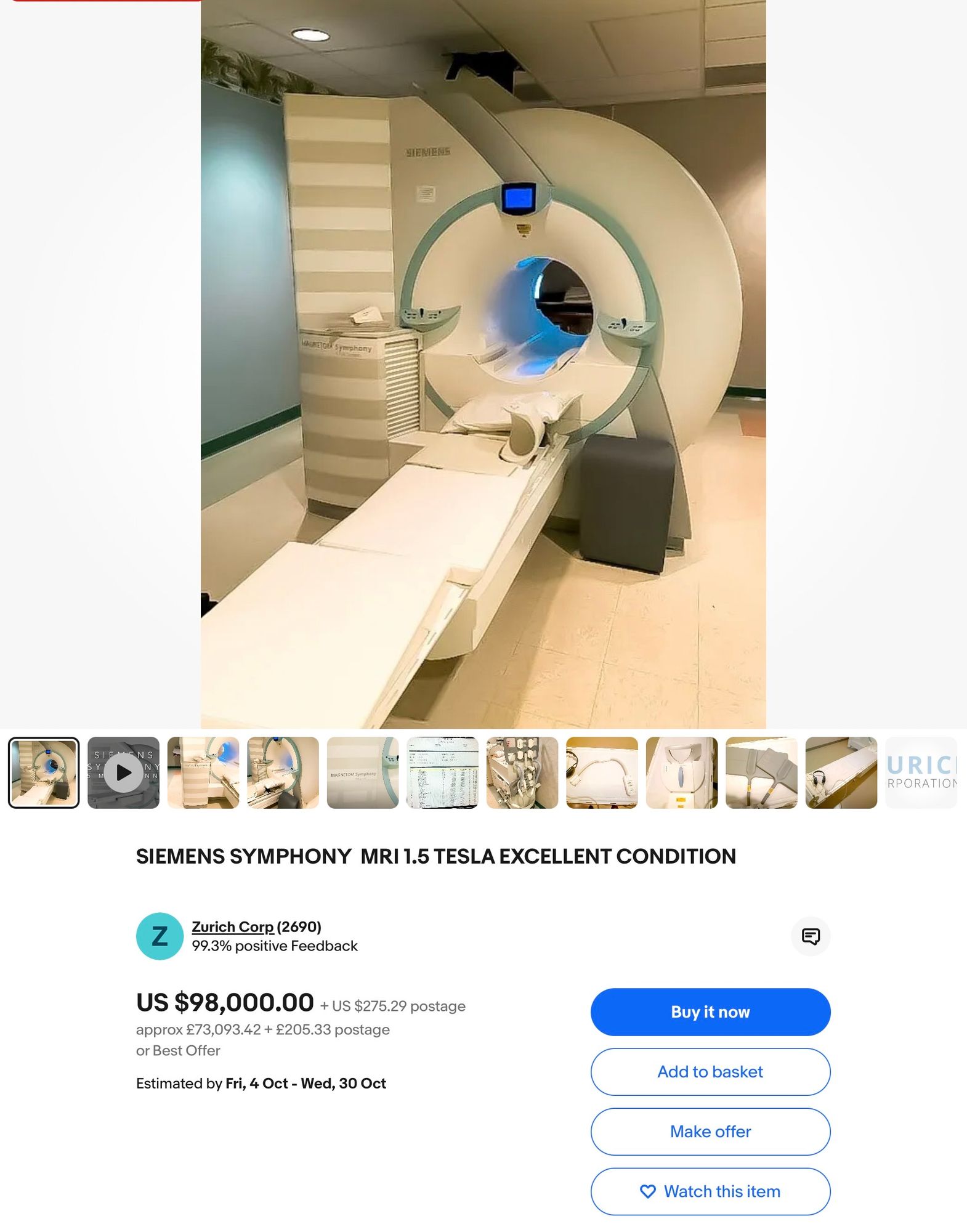 eBay listing for an 1.5 Tesla MRI scanner in ‘excellent condition’, $98,000