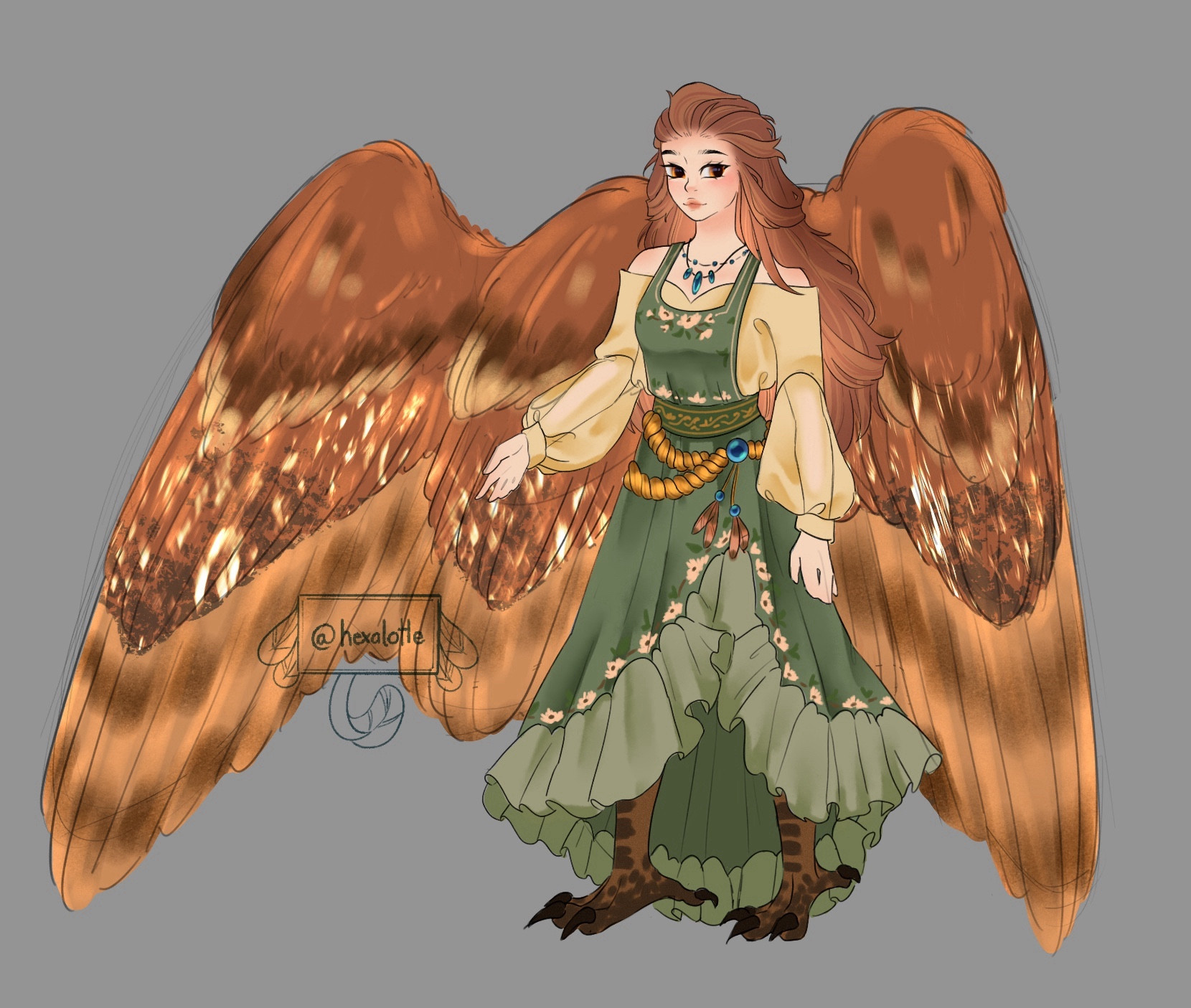 Harpy original character with red wings, green dress, and avian feet