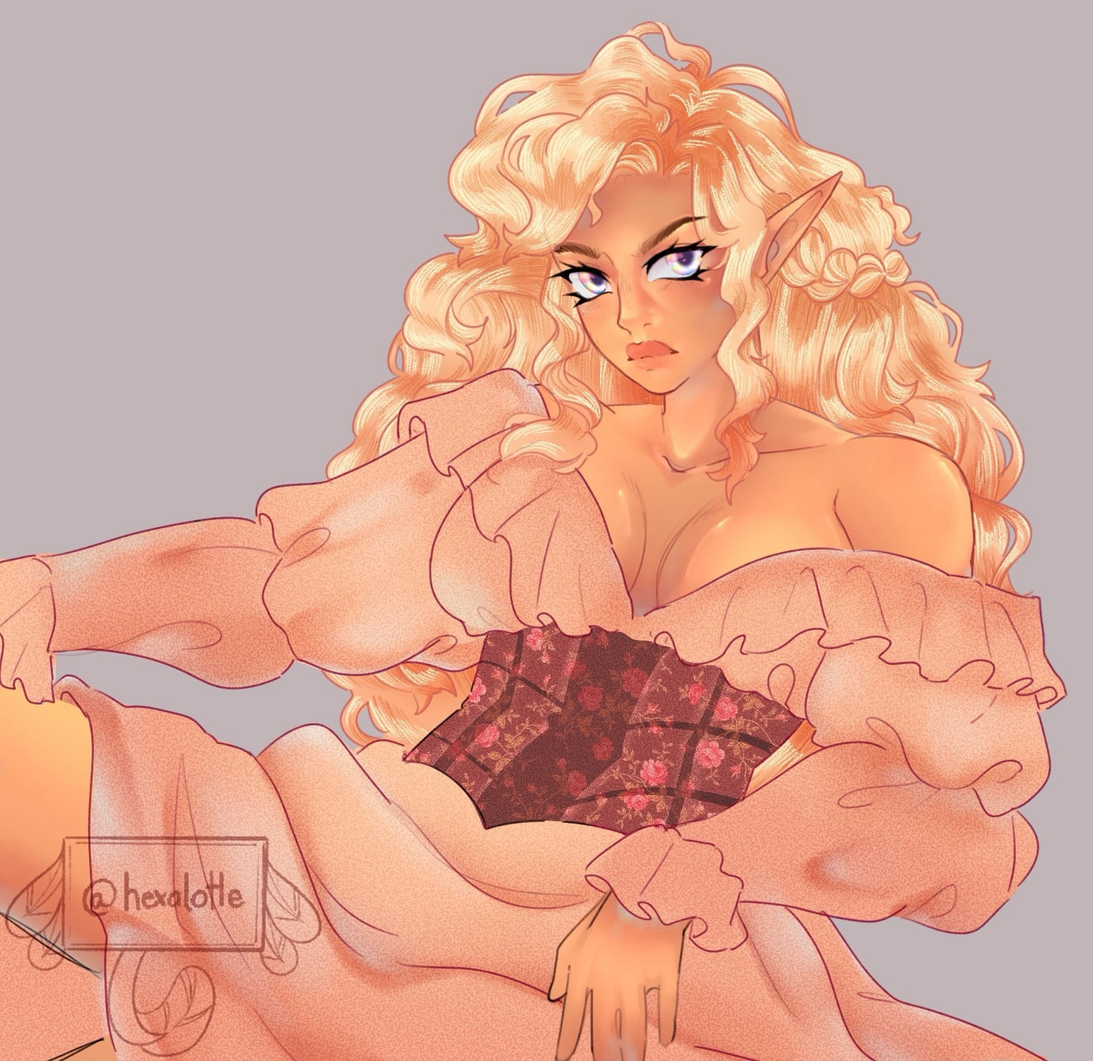 Original character named Tilla Angmar. She has pearlescent eyes and peach blonde hair and wears a peach dress with a floral corset.