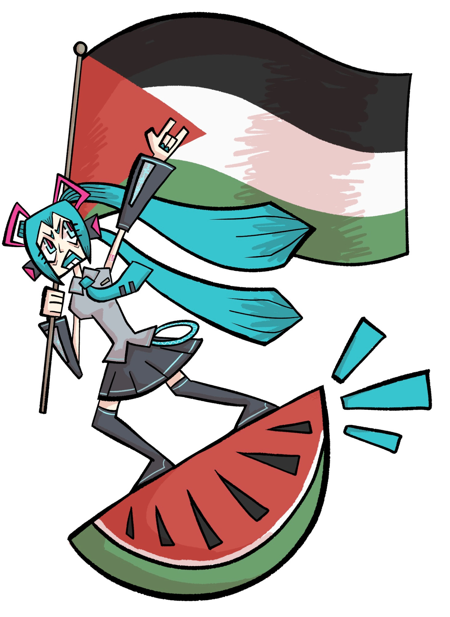 A cartoon of Hatsune Miku standing on a large watermelon slice and carrying a Palestinian flag over her shoulder, her hand thrown up in the ILY hand sign.