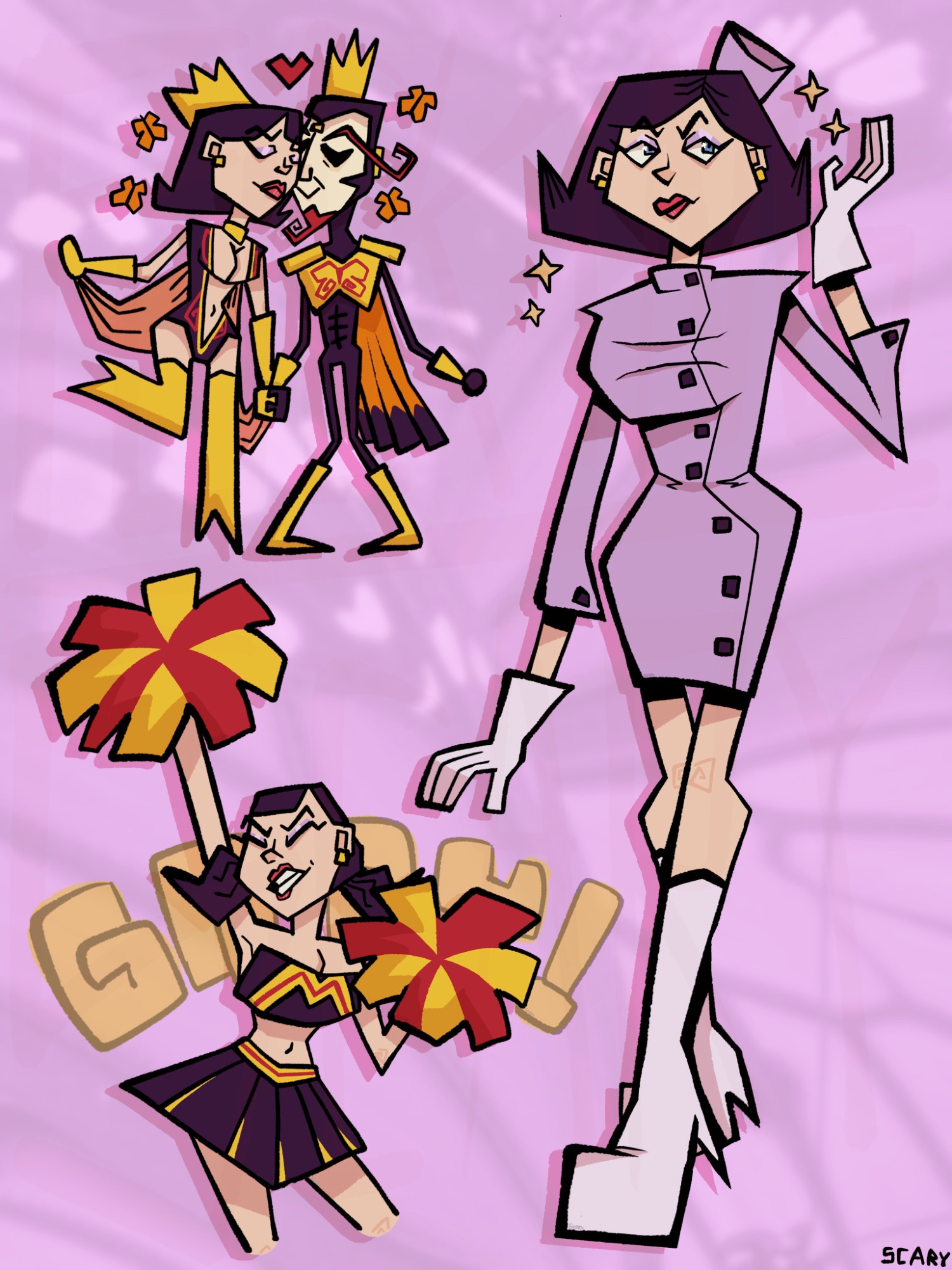 Three cartoon drawings of Doctor Girlfriend on a light purple background. One small drawing where she is holding hands with The Monarch, one small drawing of her wearing her cheerleading outfit with "GARY!" written behind her in yellow bubble writing, and one large fullbody drawing in her classic suit and pillbox hat.