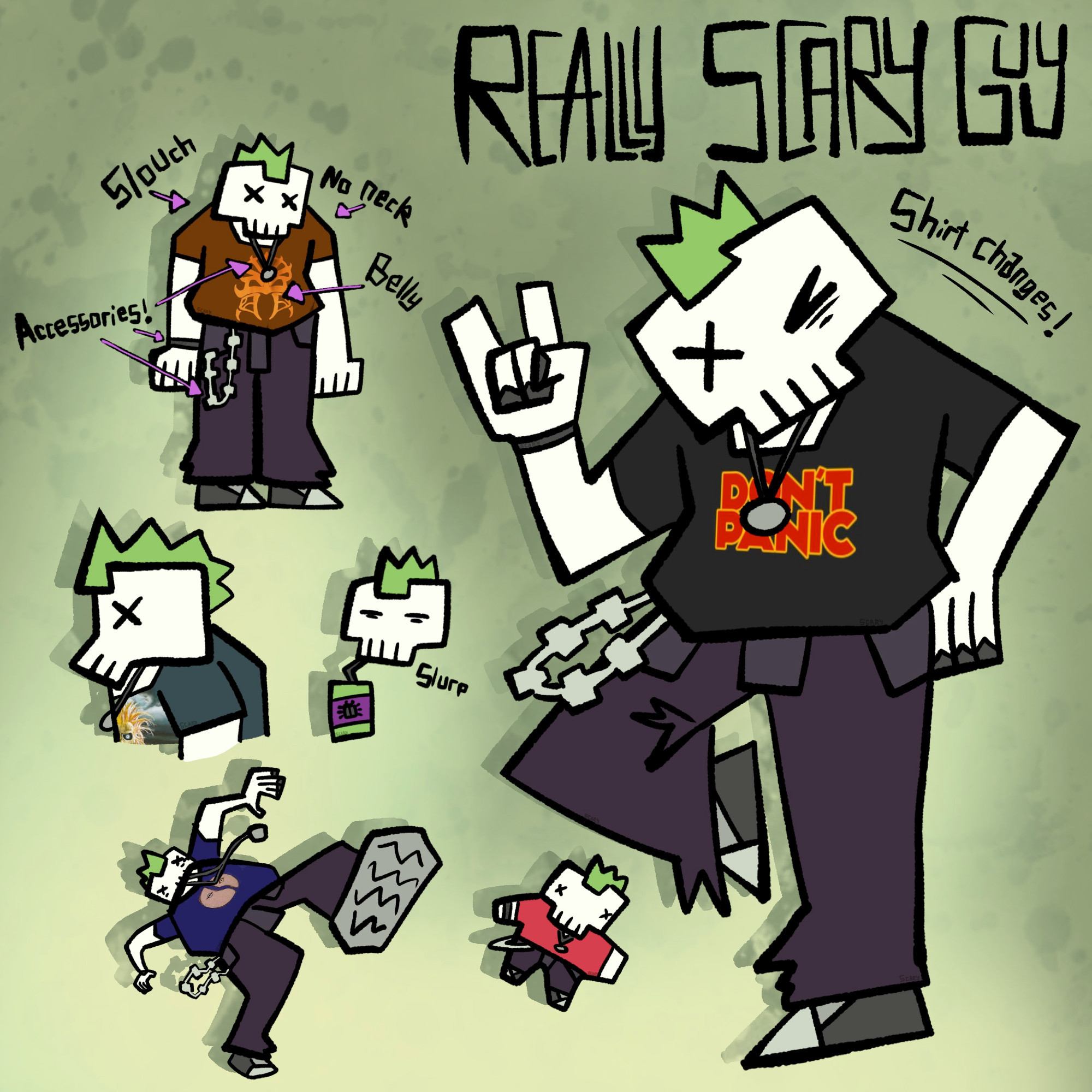 A cartoon style reference drawing for Really Scary Guy - a character with a skeleton face and a green mohawk - in multiple poses on a pale green splattered background. In each pose he has a different t-shirt. One pose has arrows that point out significant features to remember when drawing him, such as his accessories or that he doesn't have a neck.