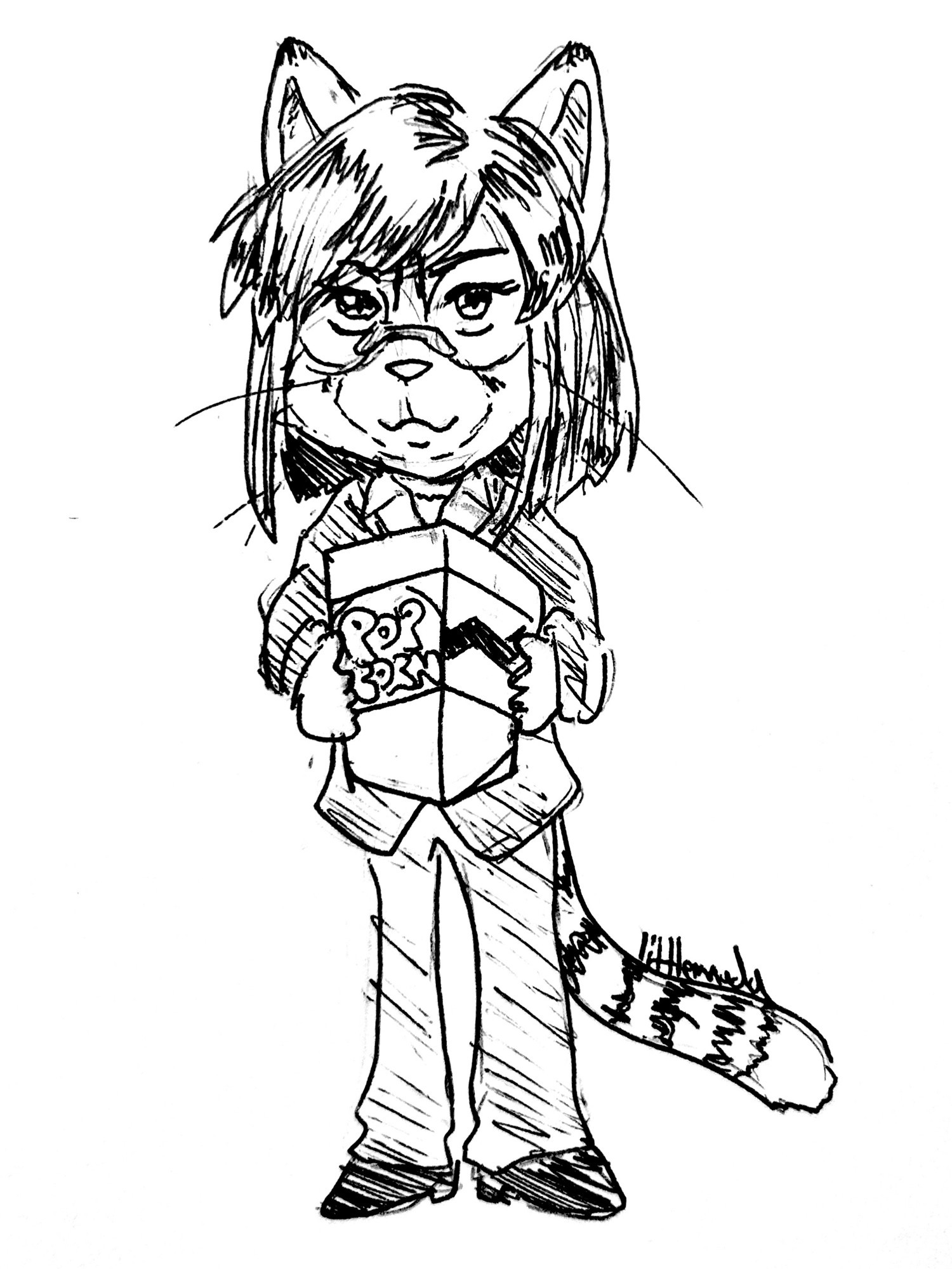 Pen sketch of Tieria Erde portrayed as an anthropomorphic tabby cat. He is holding a large popcorn bucket and smiling slightly.