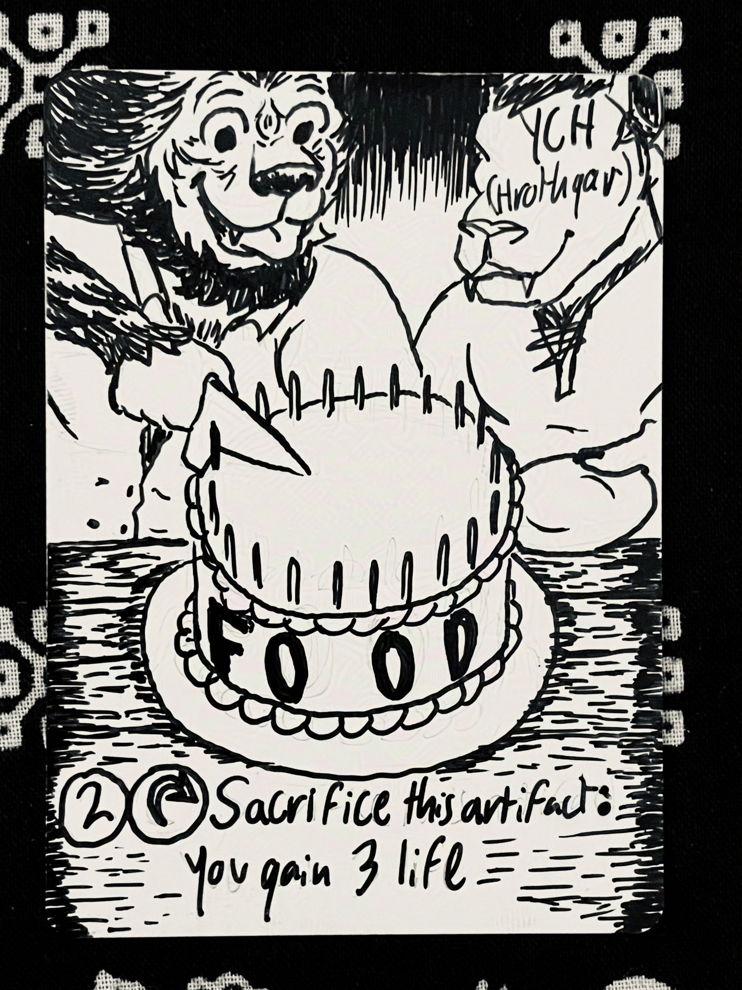 A hand-drawn trading card representing a food token in Magic the Gathering. It has an image of a hrothgar cutting into an average-sized round cake with the word "FOOD" on it, along with candles and frosting lining the edges. Below it reads the abbreviated rules text: "Tap with two colorless mana and sacrifice this artifact: you gain 3 life". Next to the hrothgar is another hrothgar holding a plate with the abbreviated text "your character here (hrothgar)" written over their face.