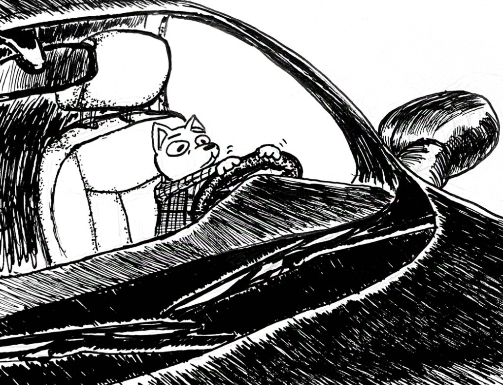 A pen drawing of a small dog child in a plaid shirt is shakily driving a car, barely able to see over the dashboard.