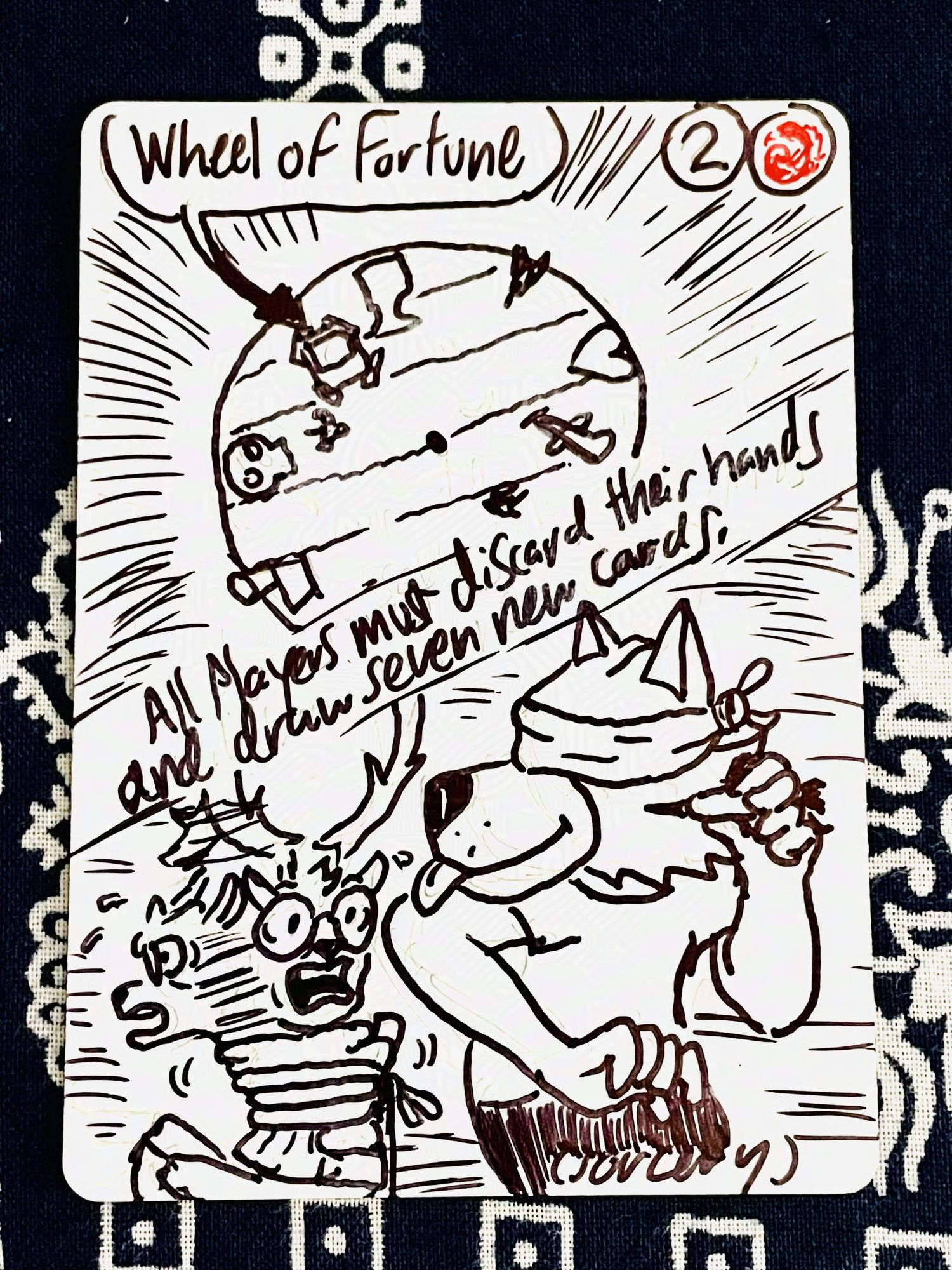 A hand drawn trading card, representing the Magic the Gathering card "Wheel of Fortune". "Wheel of Fortune" is a Sorcery card that costs 2 colorless mana and 1 red mana. The description reads "All players must discard their hands and draw seven new cards". This version of the card features two black and white comic panels stacked on top of each other, with the description dividing them accross the middle. In the top panel, a wooden wheel with a "wheel of fortune" card taped to it, with some knives and darts around it like a dartboard. In the bottom panel, A furry deer character tied to a chair panics while his furry wolf friend aims a dart while blindfolded.

[Artist's note: I don't have a lot of experience doing alt text like this, please let me know how I did and what I can improve upon or do differently. I would like to improve!]