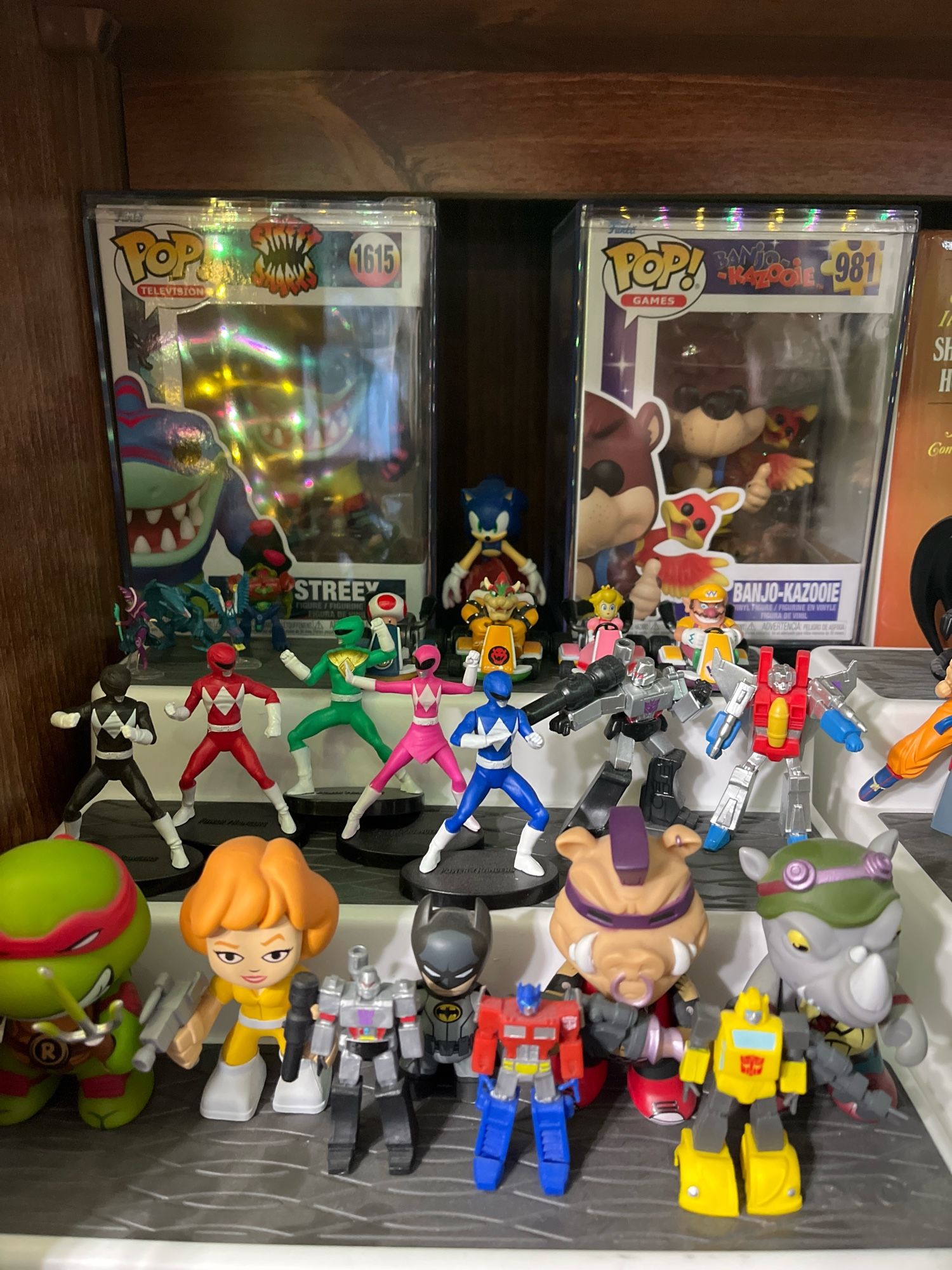 A collection of figures of various franchises. In the background, protected funko pops of Banjo-Kazooie and Streex.