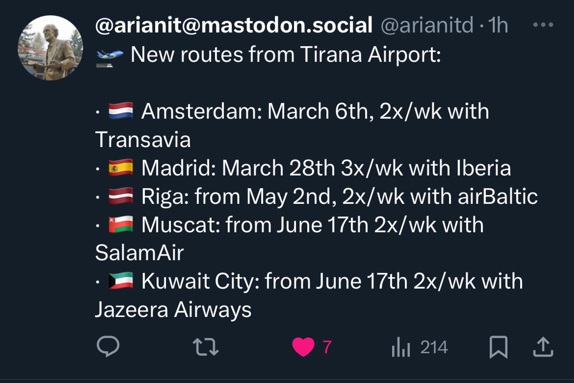 New routes from Tirana Airport – Screenshot Tweet