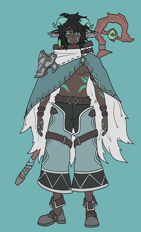 Digital drawing of Valan: A young person with dark skin, black hair and blue horns and sheep ears. They have one eye green and the other pale blue and aquamarine tattoos around their body. They wear a blue cape on top of their bare chest and black and blue big pants. On their back they carry a big shepherd staff with a green orb on top.