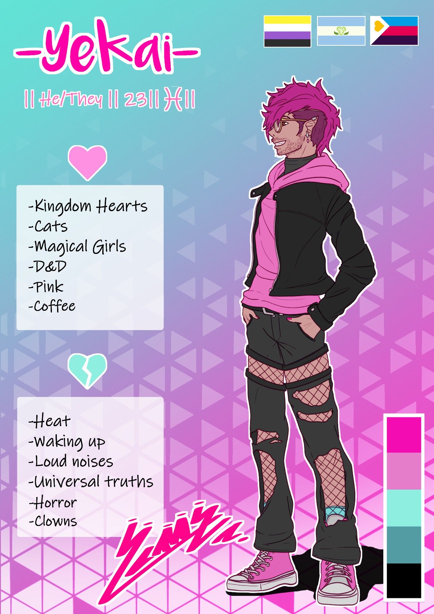 Digital drawing of me (medium height person with pink mullet hair, brown eyes, slightly tanned skin wearin a black turtleneck, a pink hoodie, black leather jacket, ripped black jeans and pink converse shoes) over a teal to pink background.

There is some text that says:
"-Yekai-
He/They. 23. Piscis.

Likes:
Kingdom hearts.
Cats.
Magical girls.
D&D.
Pink.
Coffe.

Dislikes:
Heat.
Waking up.
Loud noises.
Univeersal truths.
Horror.
Clowns."

There are also the nonbinary, achillean and polyamorous flag.