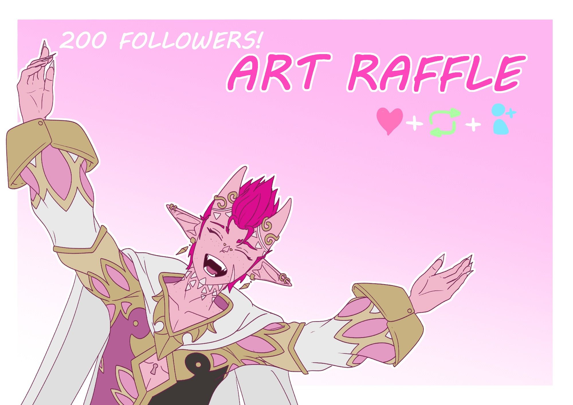 Digital drawing of my OC Talin, a pink tiefling with pink hair, black and gold clothes and a white cape, smiling with their arms open.

Text: 200 FOLLOWERS! ART RAFFLE
(A drawing of "heart plus repost symbol plus follow symbol")