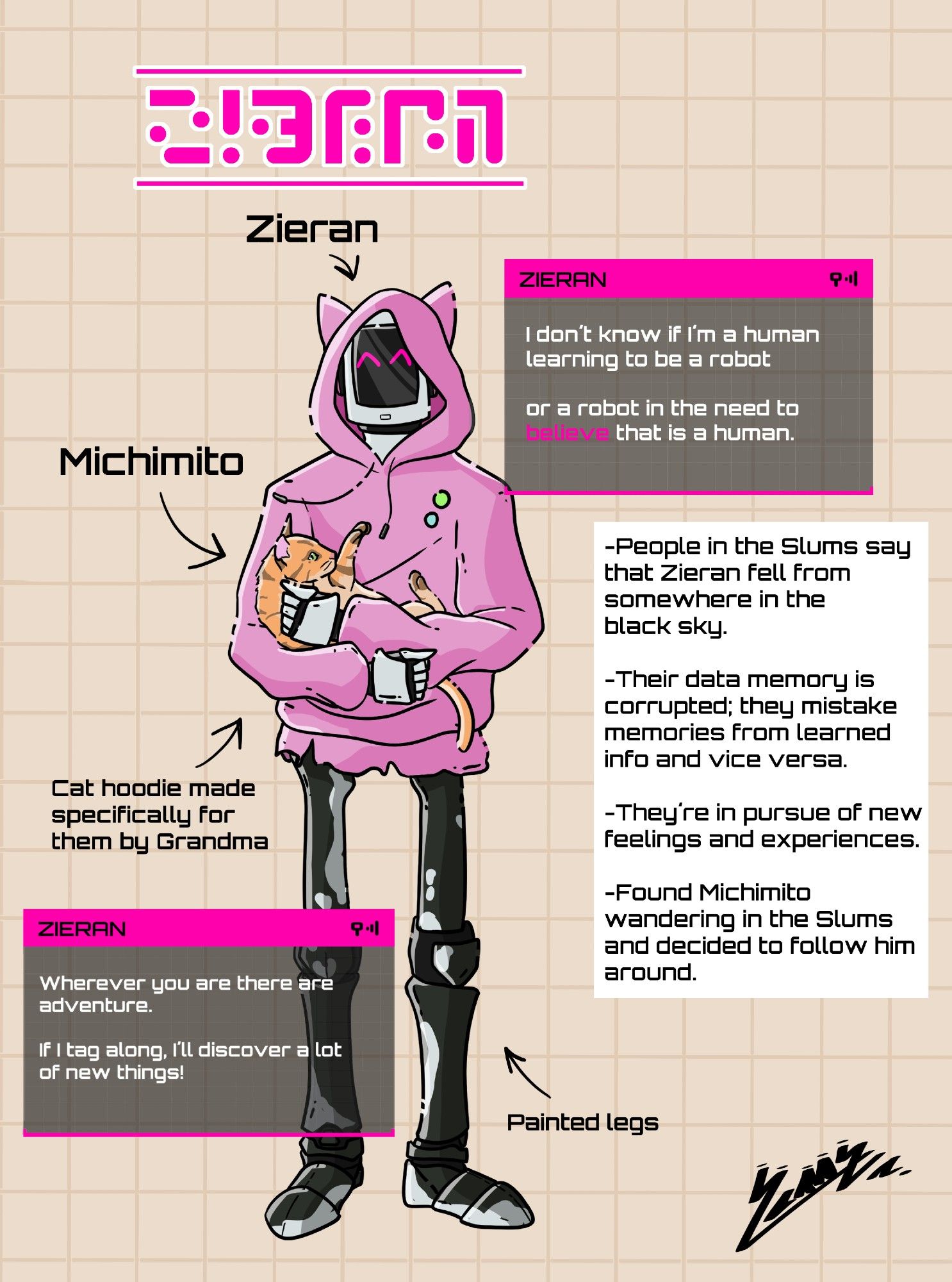 Digital drawing of an OC from the Stray game.

It portrays a robot with a white monitor for face and a cheerful expression with pink eyes. They wear a pink hoodie and black painted legs. They hold an orange cat with their arms.

Around the picture there are some text providing info:

"-Zieran (the name of the robot).

-Michimito (the name of the cat).

-Cat hoodie made specifically for them by Grandma (a character from the game).

-People in the Slums say that Zieran fell from somewhere in the black sky. 

-Their data memory is corrupted; they mistake memories from learned info and vice versa.

-They´re in pursue of new feelings and experiences.

-Found Michimito wandering in the Slums and decided to follow him around."

The are two chatboxes in the style of the game of Zieran talking:

"I don´t know if I am a human learning to be a robot or a robot in the need to believe that is a human."

"Wherever you are there is adventure. If I tag along, I´ll discover a lot of new things!"