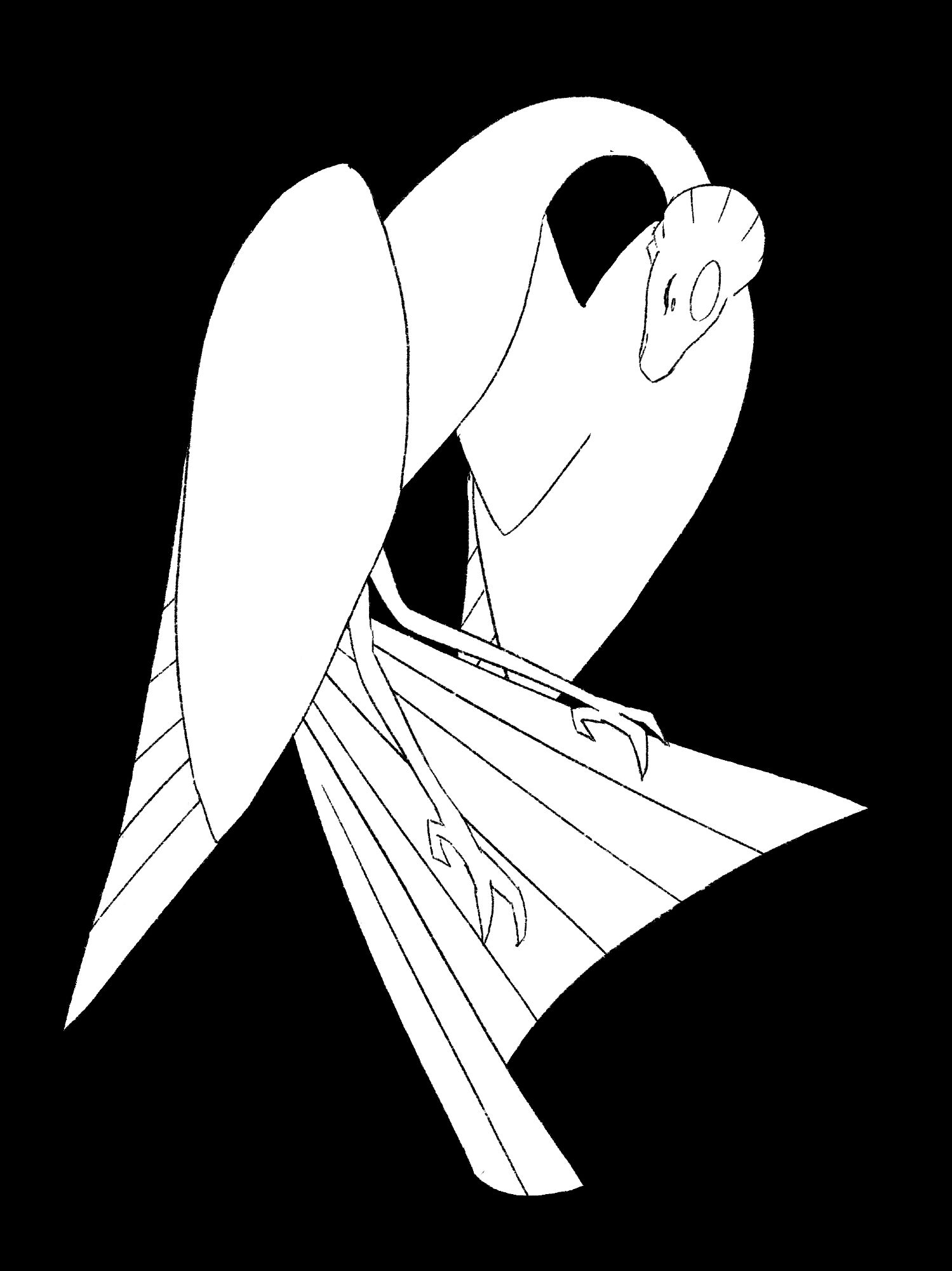 a white, tall bird wyvern floats in a black void. she has angled wings and a tail that forms a sweeping crescent shape about her claws. the head is narrow and gently reptilian or cervine with a crest of feathers from the back of the head.