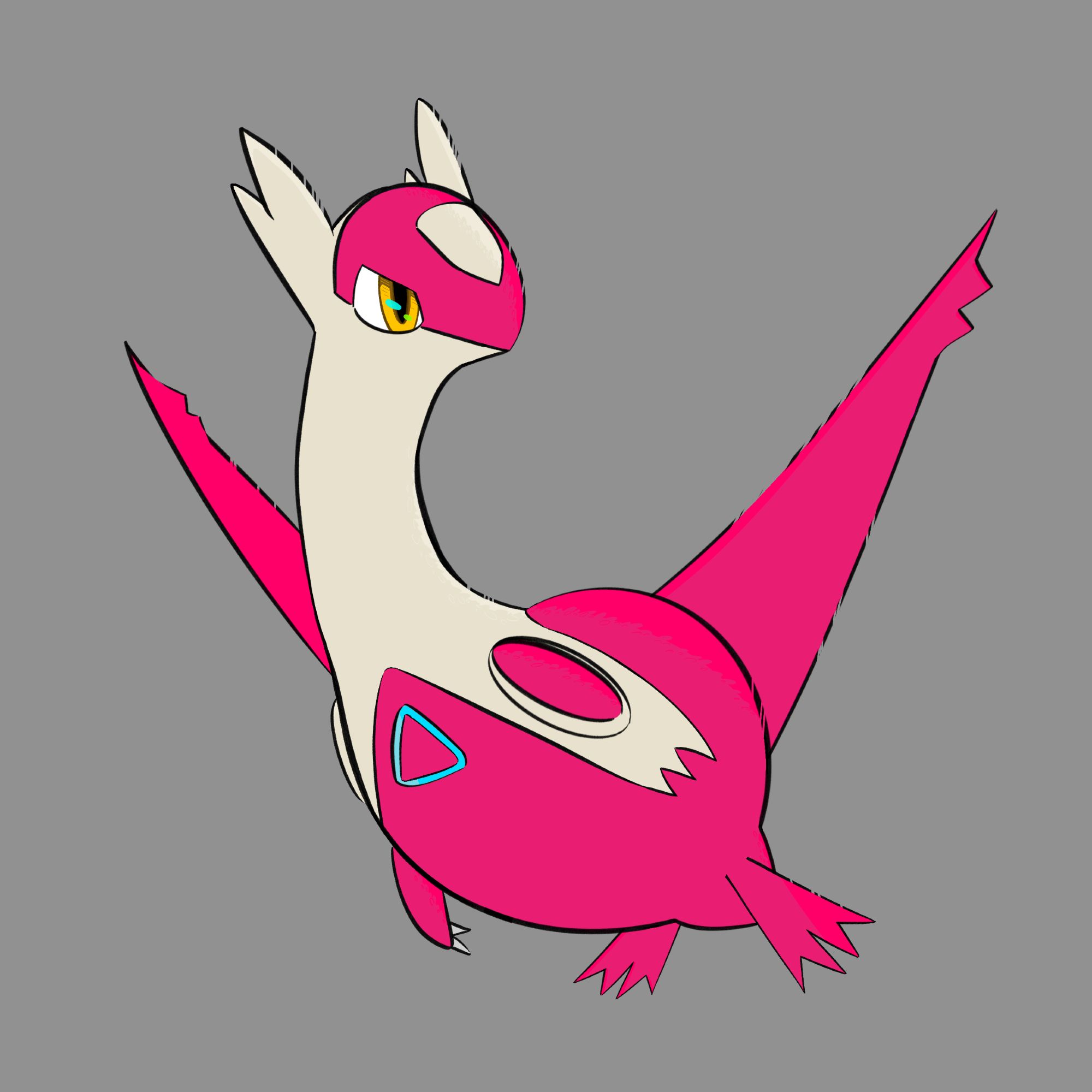 it's latias! but really pink! she looks a bit like a cross between a crane and a fighter jet. she is an aesthetically pleasing blend of oval shapes and triangles.