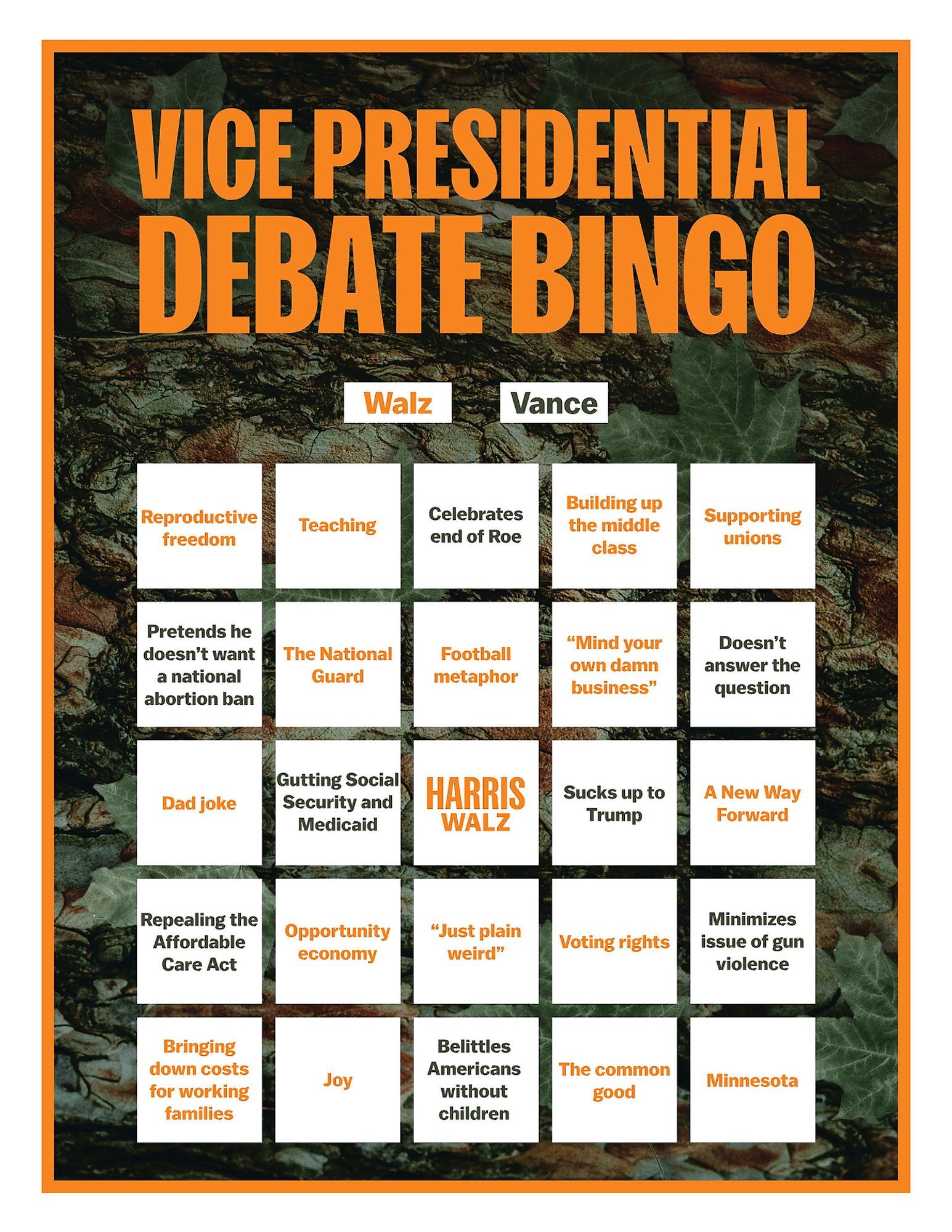 Vice Presidential Debate Bingo card 5 x 5 grid, Harris Walz is the middle squre from right to left top to bottom "Reproductive Freedome", "Teachging", "Celebrates end of Roe", "Building up the middle class", "Supporting unions", "Pretends he doesn't wnat a national abortion ban", "The National Guard", "Football metaphor", "Mind you own damn business", Doesn't answer the question", "Dad joke", "Gutting Social Secuirty and Medicaid", "Harris Walz" "Sucks Up to Trump", "A new way forward", "Repealing the Affordable Care Act", "Opportunity economy", "Just plain weird", "Voting Rights", "Minimizes issue of gun violence", "Bringing down costs for working families", "Joy", "Belittles Americans without children", "The Common Good", Minnesota"