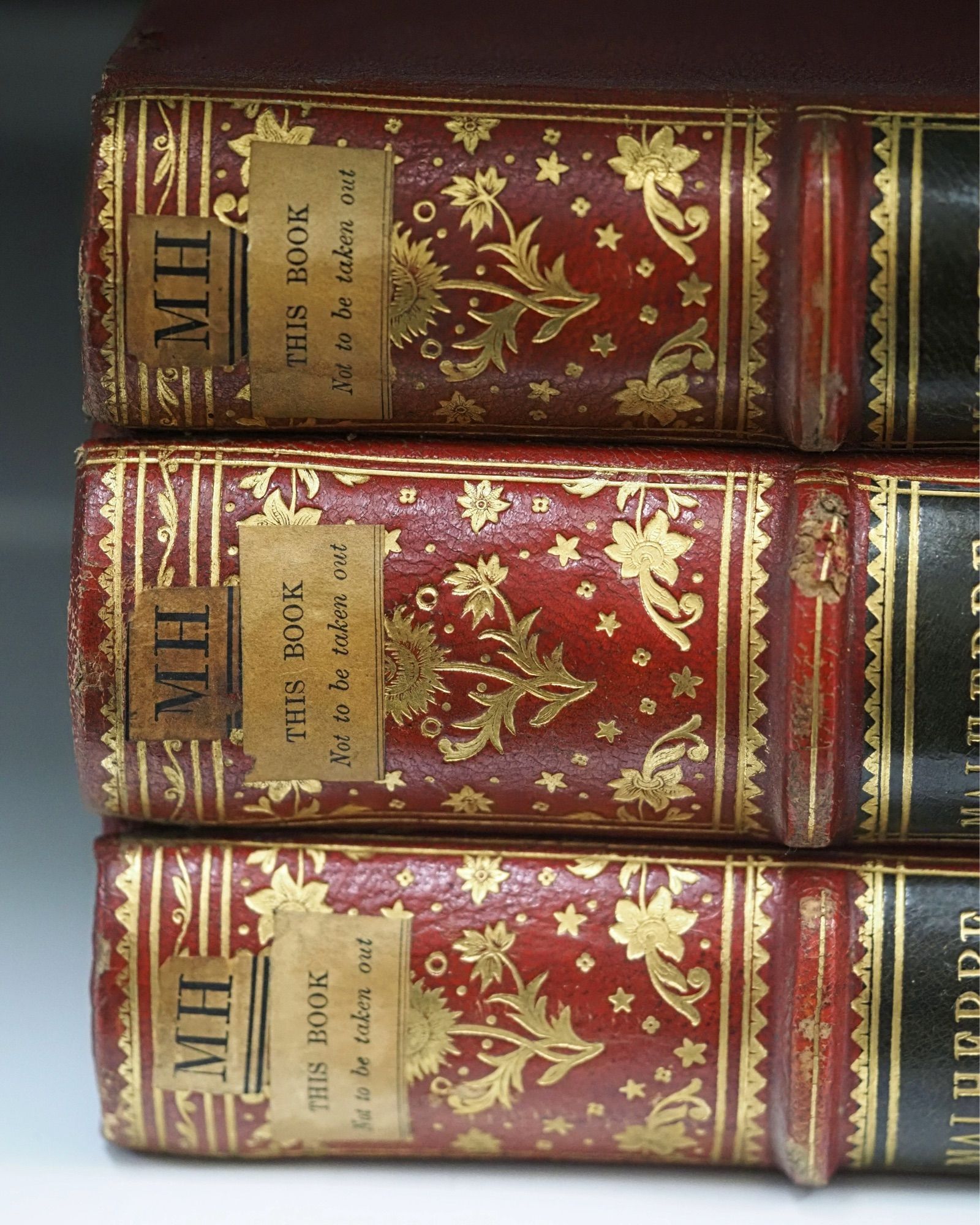 A close-up of a stack of three rare books at Cambridge University Library, with gilt flowers decorating the red spines. A small label reads, ‘THIS BOOK Not to be taken out’.